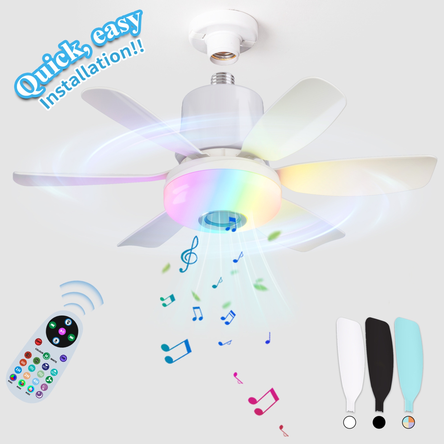 Smart Ceiling Fan with Light, Portable Hanging Fan, 7-Color Dimmable LED with Music, Socket Ceiling Fan for Bedroom, Tent, Indoor Use