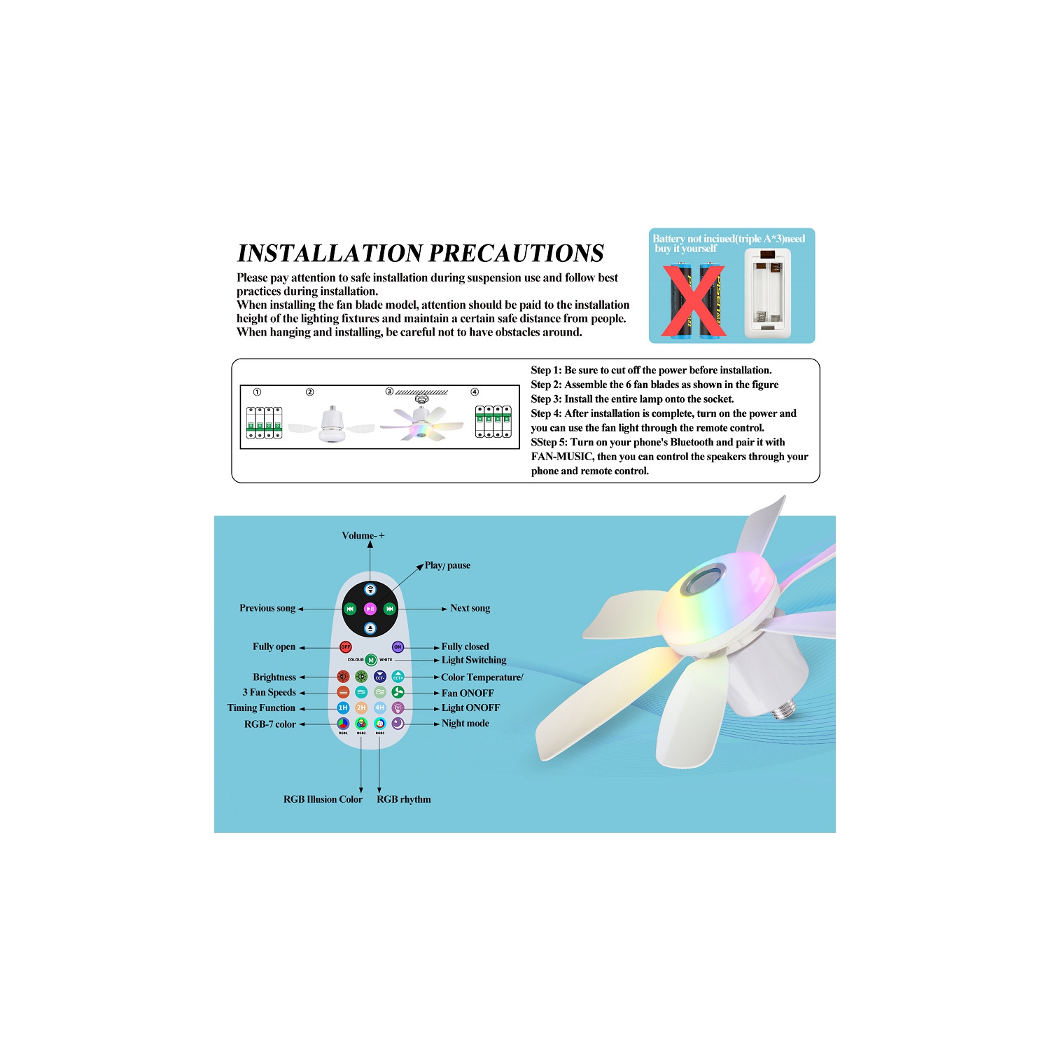 Smart Ceiling Fan with Light, Portable Hanging Fan, 7-Color Dimmable LED with Music, Socket Ceiling Fan for Bedroom, Tent, Indoor Use