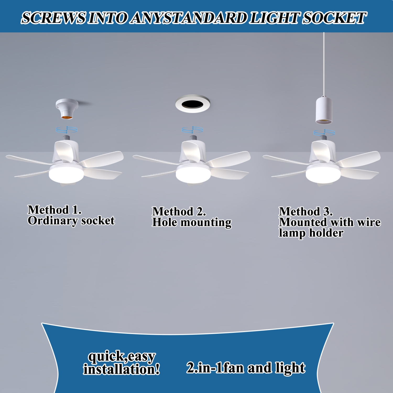 Smart Ceiling Fan with Light, Portable Hanging Fan, 7-Color Dimmable LED with Music, Socket Ceiling Fan for Bedroom, Tent, Indoor Use