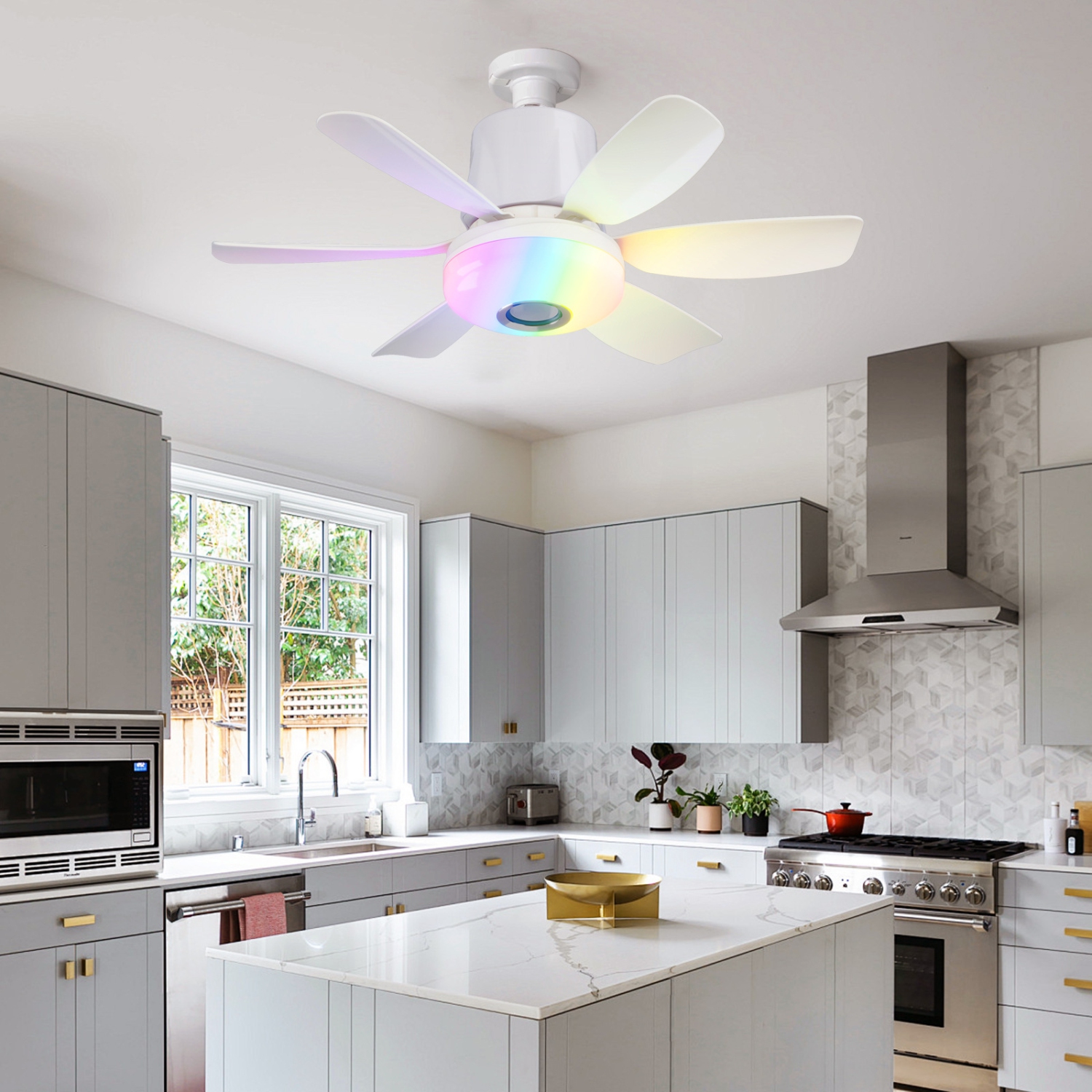 Smart Ceiling Fan with Light, Portable Hanging Fan, 7-Color Dimmable LED with Music, Socket Ceiling Fan for Bedroom, Tent, Indoor Use