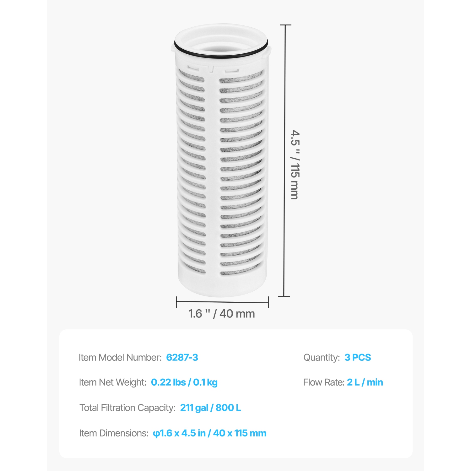 Paquet de 3 filtres à eau VEVOR, filtres à eau pour pichets et distributeurs, sans BPA, 3 derniers mois ou 211 gallons, réduction des odeurs,
