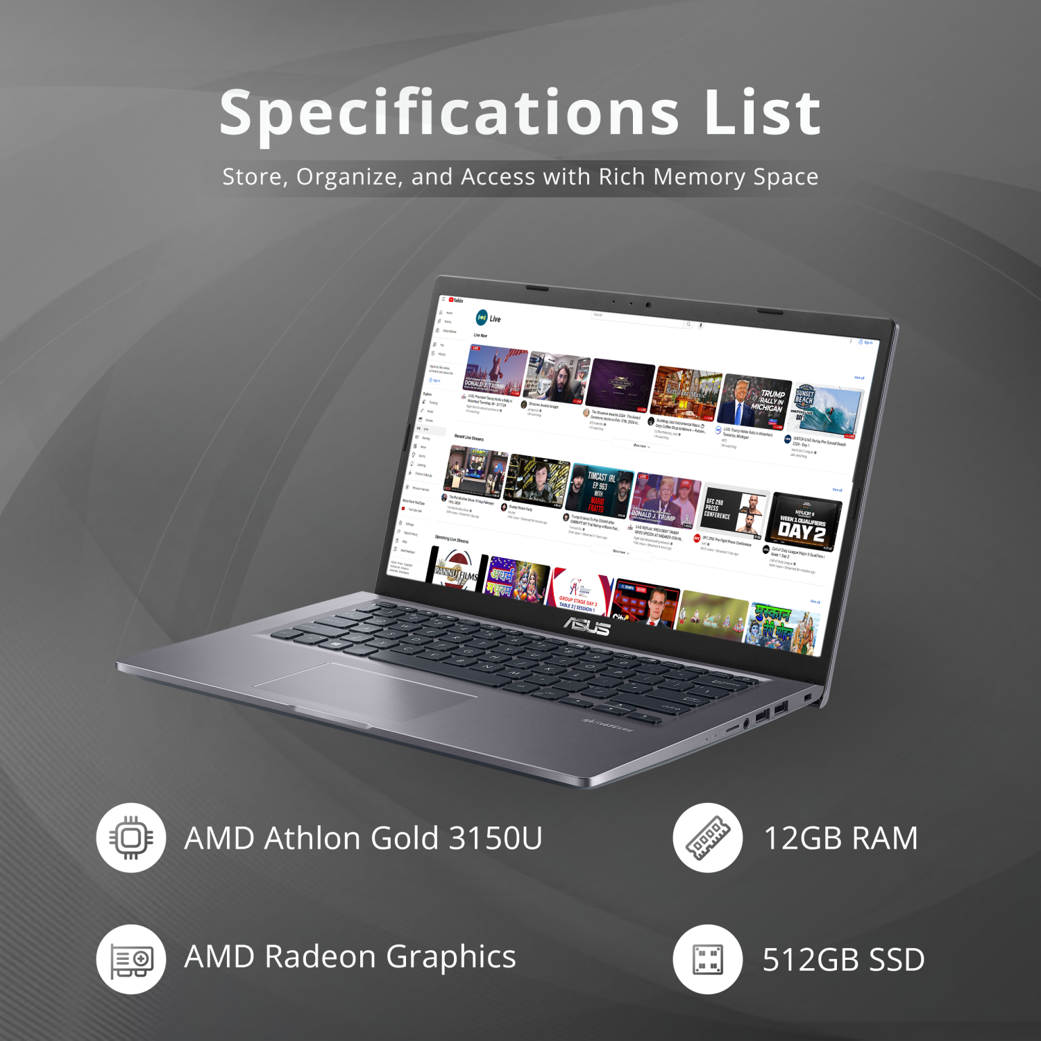 Refurbished Excellent - ASUS VivoBook 14" FHD Laptop, AMD Athlon 3150U, 512GB PCIe SSD, 12GB RAM, Backlit Keyboard, HD Webcam, Wi-Fi 5, Windows 10