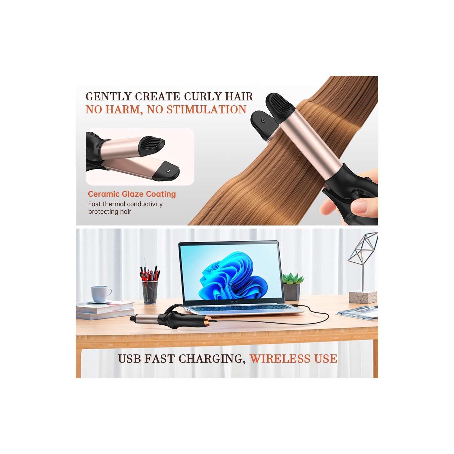 Fer à friser portatif,Fer à friser rechargeable sans fil,Fer à friser sans fil,Fer plat miniature de voyage,Fer plat et fer à friser 2 en 1 pour les
