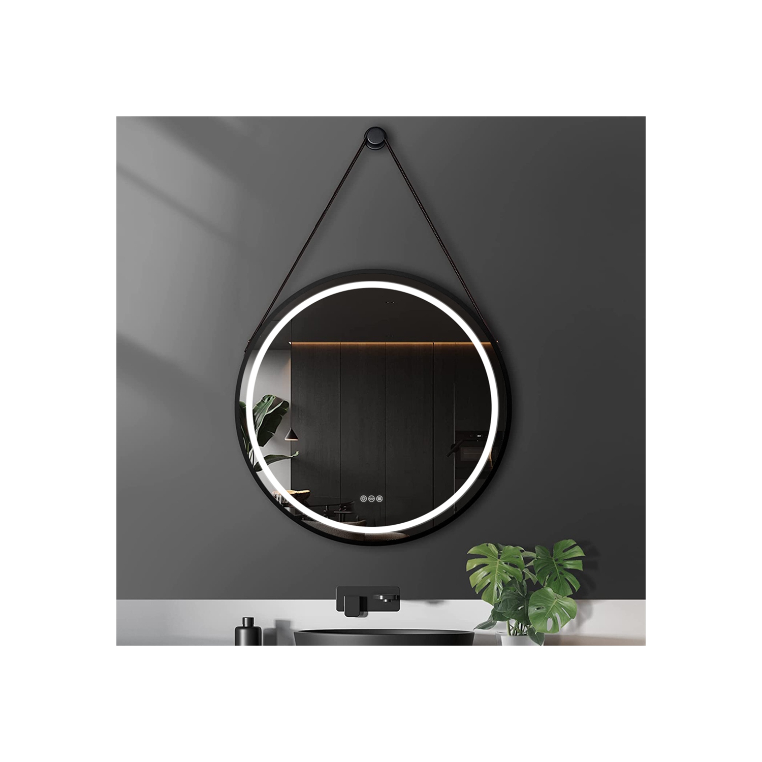 LUVODI 24" Round LED Bathroom Mirror with Lights Black Frame Adjustable Strap Illuminated Bathroom Mirror with Demister, Touch Sensor Switch Large