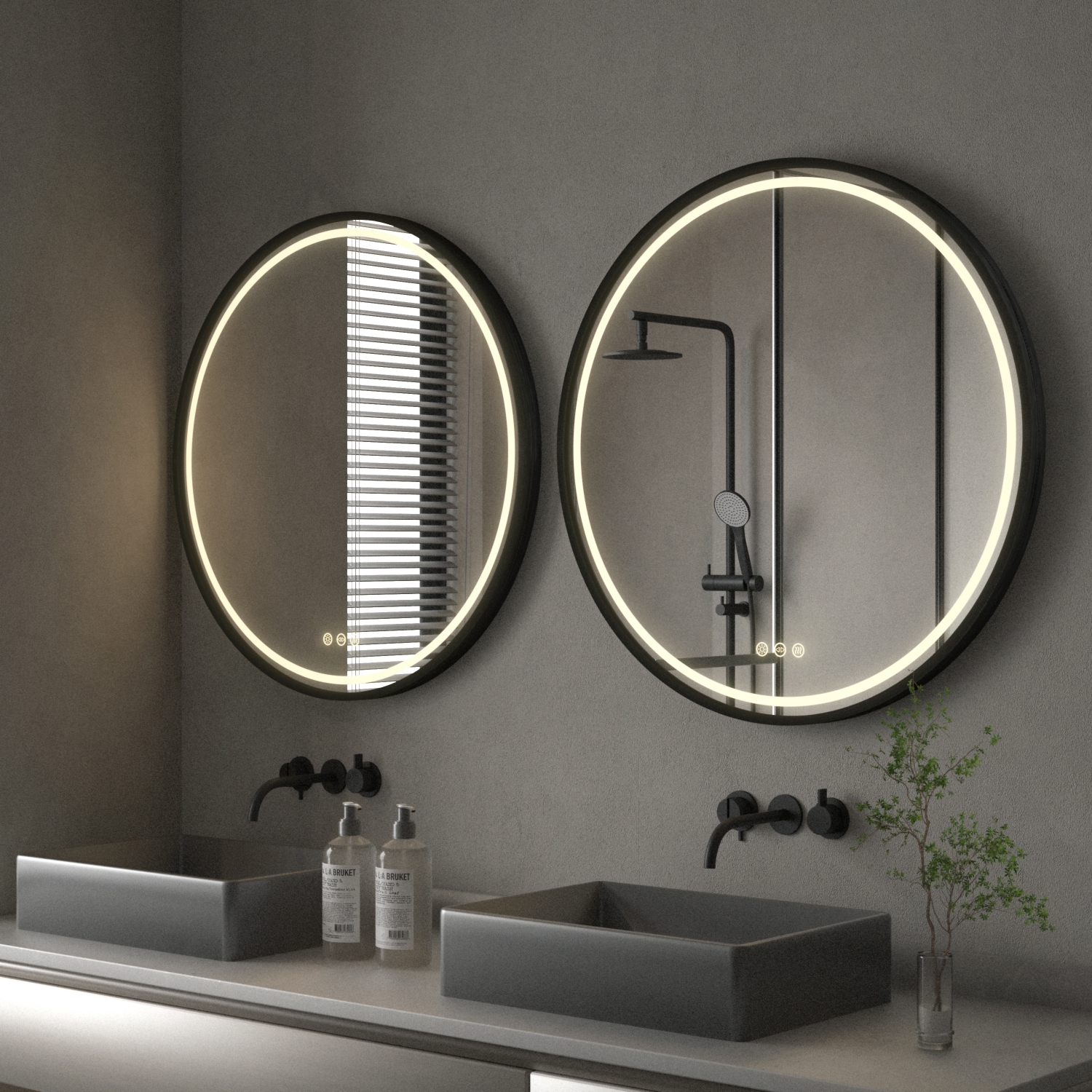 LUVODI 24" Round LED Bathroom Mirror with Lights Black Frame Adjustable Strap Illuminated Bathroom Mirror with Demister, Touch Sensor Switch Large