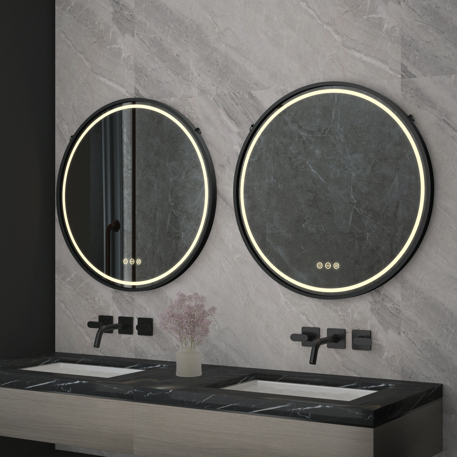 LUVODI 24" Round LED Bathroom Mirror with Lights Black Frame Adjustable Strap Illuminated Bathroom Mirror with Demister, Touch Sensor Switch Large