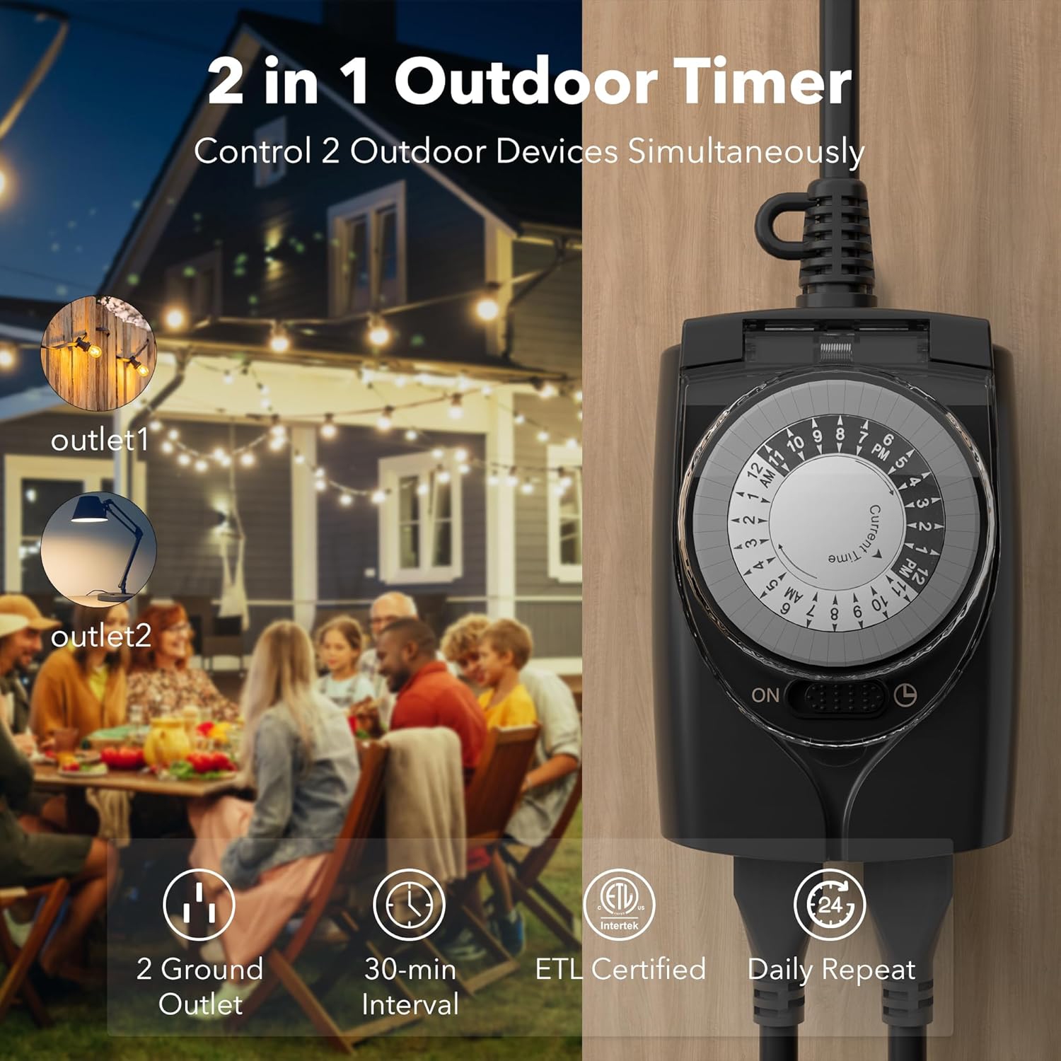 HBN Outlet Timer, 24 Hour Mechanical Outdoor Timer for Lights, Plug in Timer Waterproof, 2 Grounded Timer Outlets for String Lights and Holiday