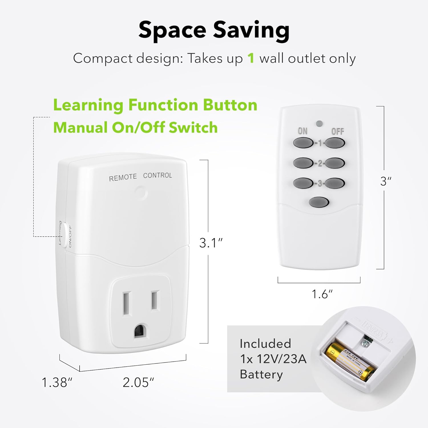 BN-LINK Mini Wireless Remote Control Outlet Switch Power Plug in for Household Appliances, Wireless Remote Light Switch, LED Light Bulbs, 1250W/10A,