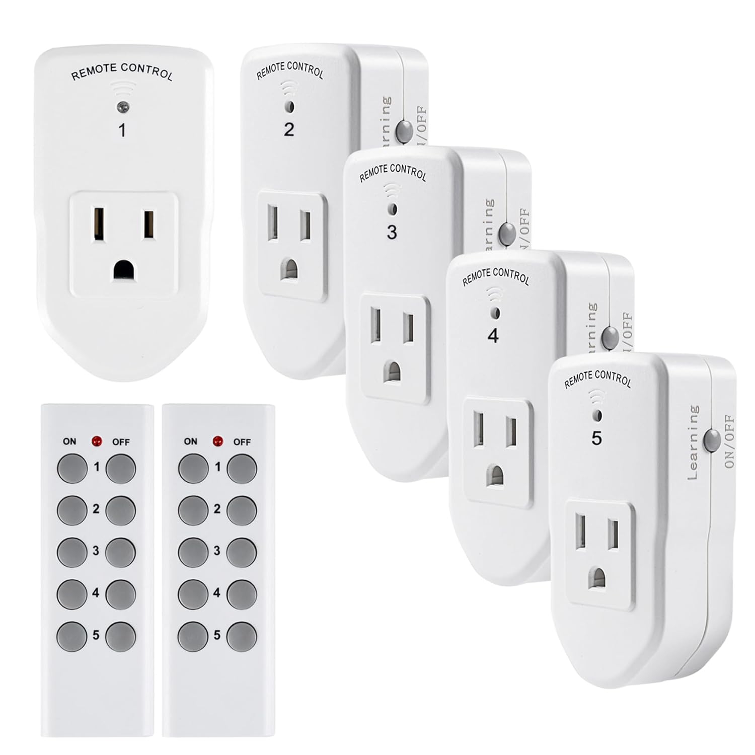 BN-LINK Wireless Remote Control Electrical Outlet Switch for Lights, Fans, Christmas Lights, Small Appliance, Long Range 10A/1200W,2 Remote + 5 Outlet, White