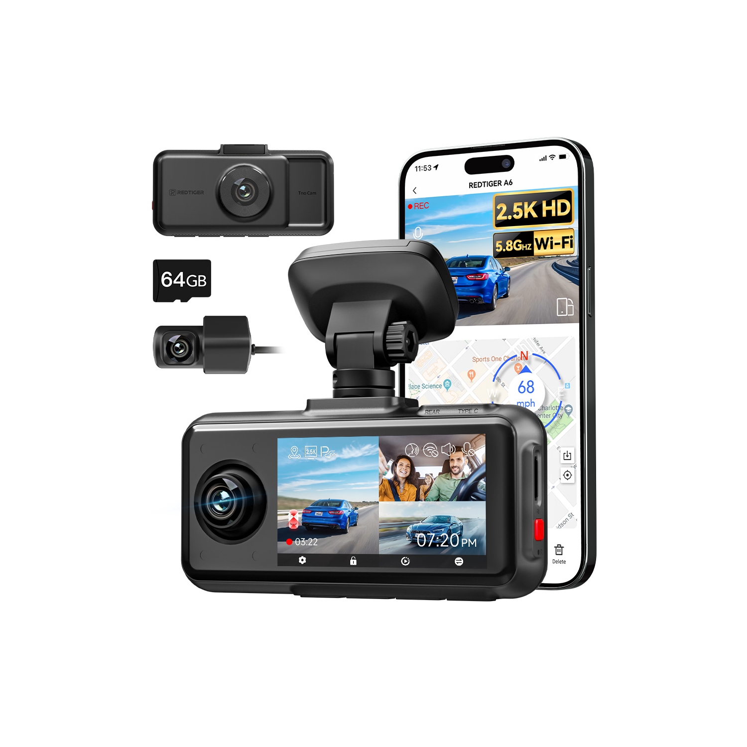 REDTIGER A6 3-Channel Dash Cam Front Inside Rear 4K+1080P WiFi Touch Screen