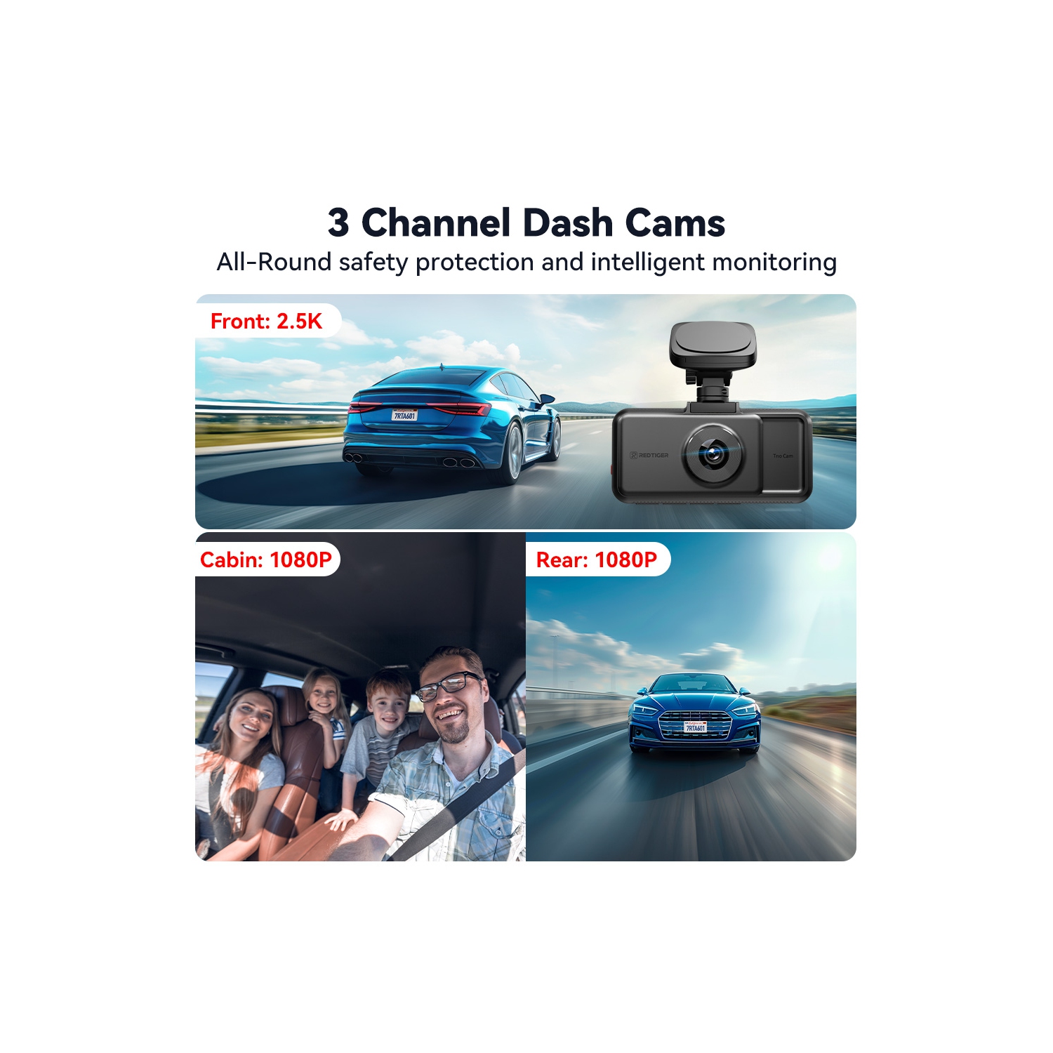 REDTIGER A6 3-Channel Dash Cam Front Inside Rear 4K+1080P WiFi Touch Screen