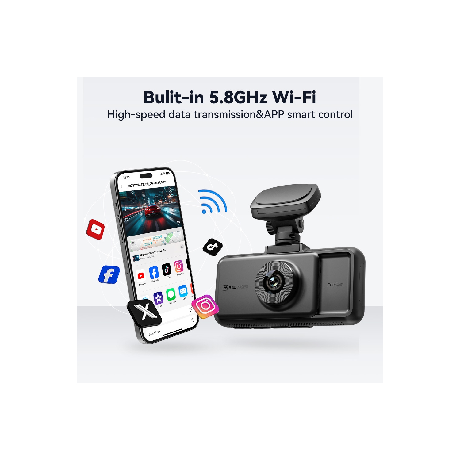 REDTIGER A6 3-Channel Dash Cam Front Inside Rear 4K+1080P WiFi Touch Screen