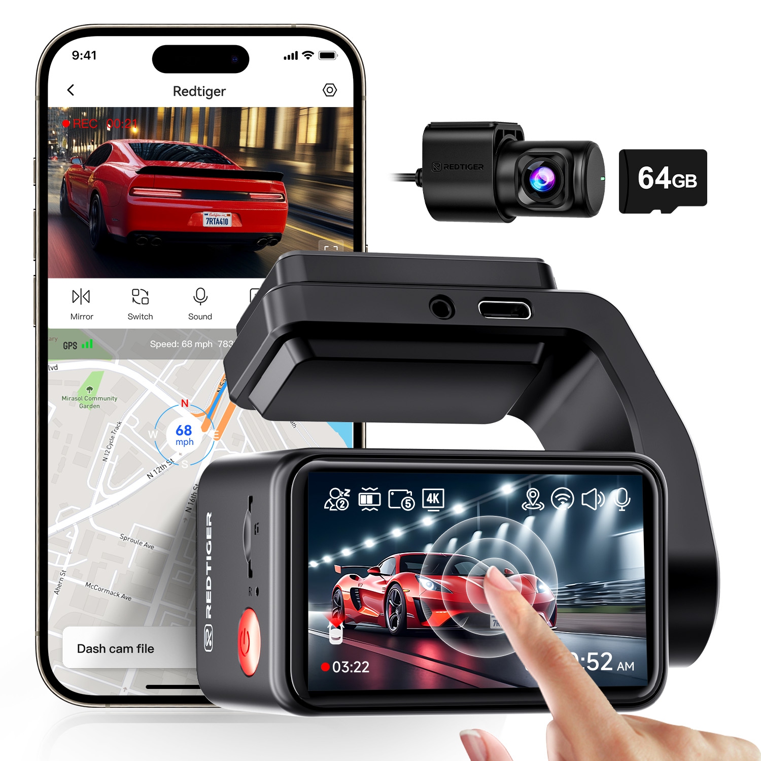 REDTIGER A4 Dash Cam Front and Rear 4K Dash Cam, 5.8GHz WiFi, Touch Screen