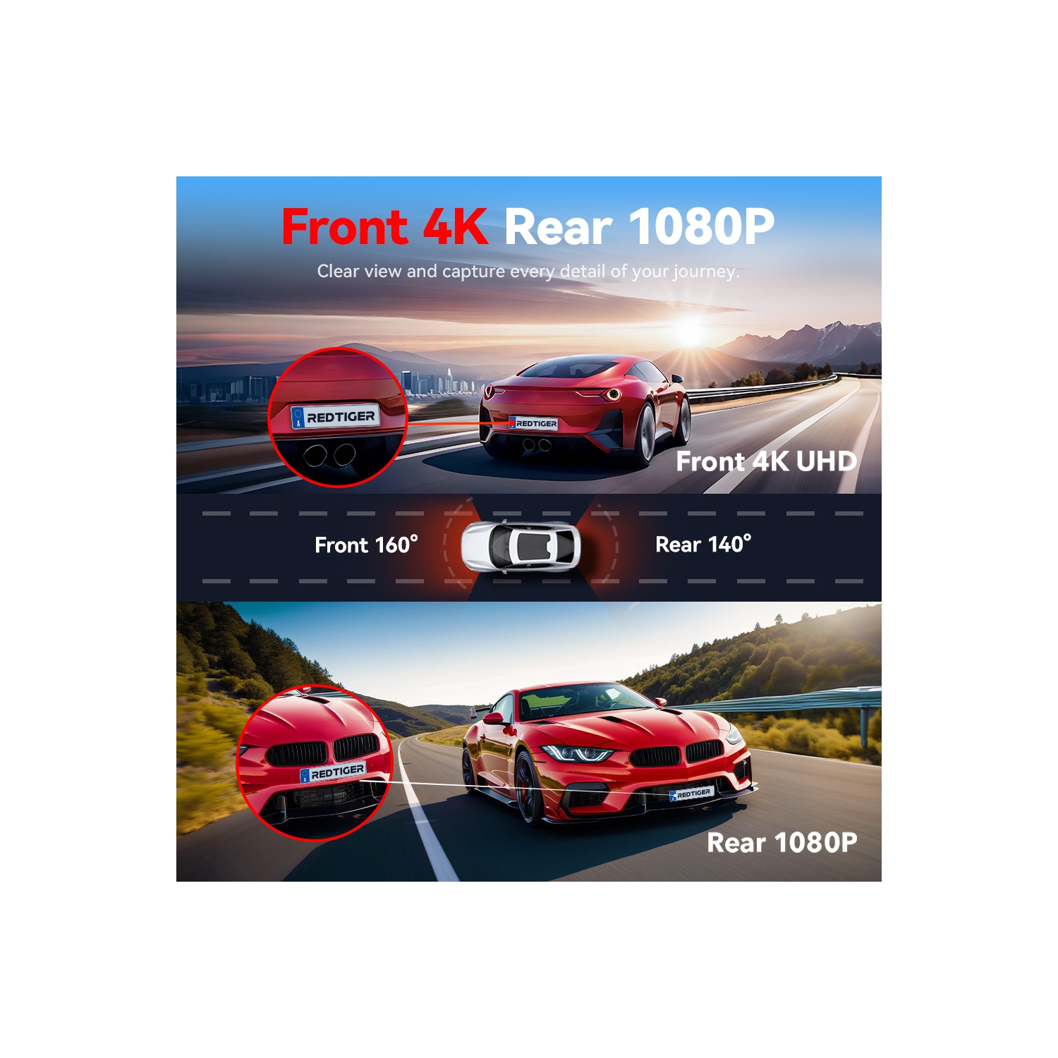 REDTIGER A4 Dash Cam Front and Rear 4K Dash Cam, 5.8GHz WiFi, Touch Screen