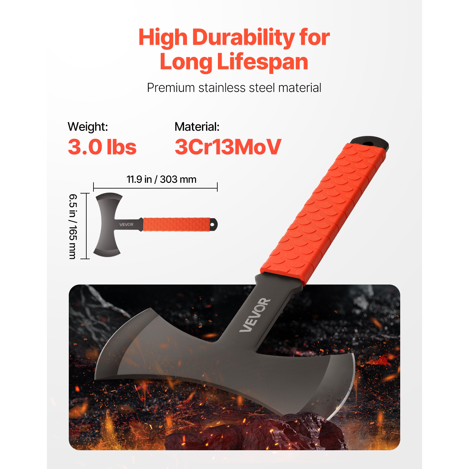 Haches de lancer et tomahawks VEVOR 3, ensemble de roches à double embout de 11,9&nbsp;po, tête en acier inoxydable, poignée antidérapante en TPR,