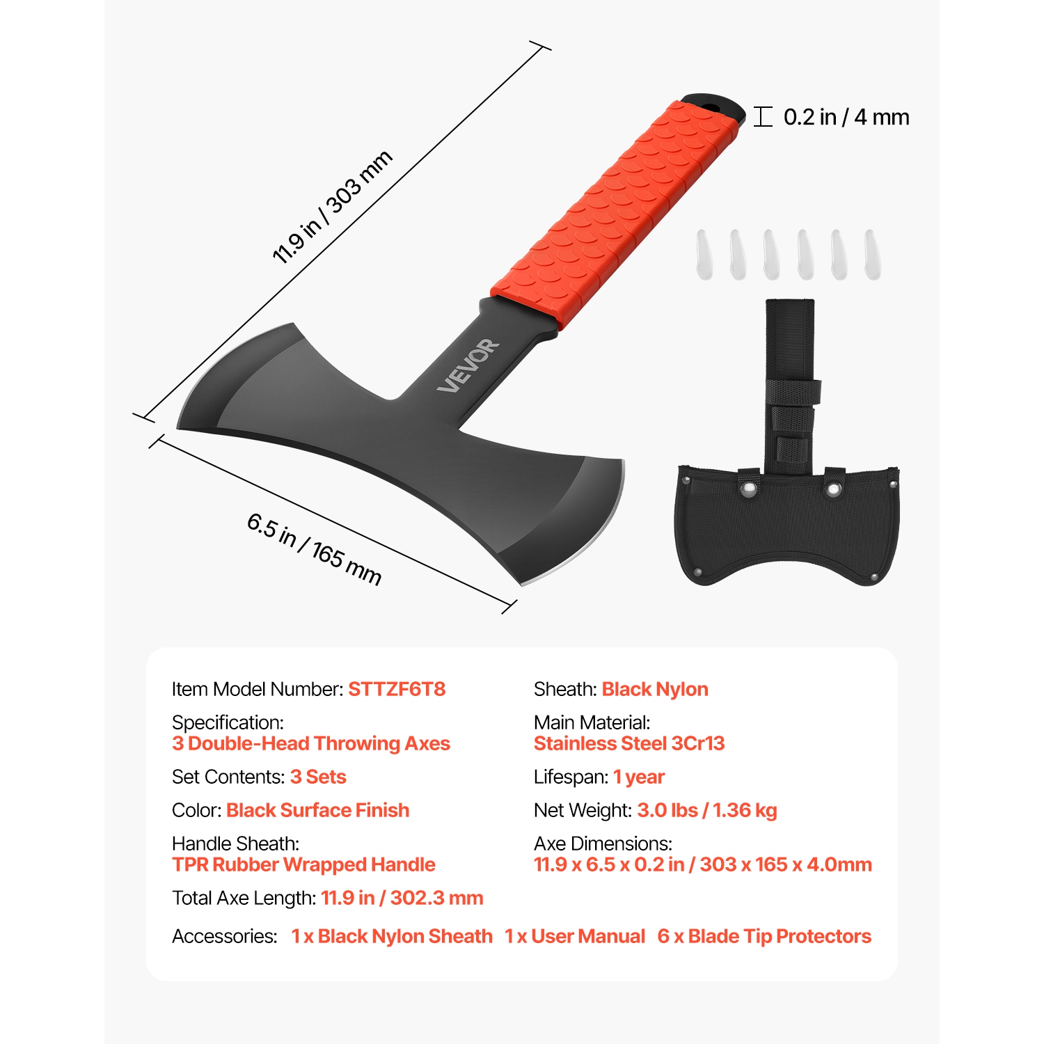 Haches de lancer et tomahawks VEVOR 3, ensemble de roches à double embout de 11,9&nbsp;po, tête en acier inoxydable, poignée antidérapante en TPR,
