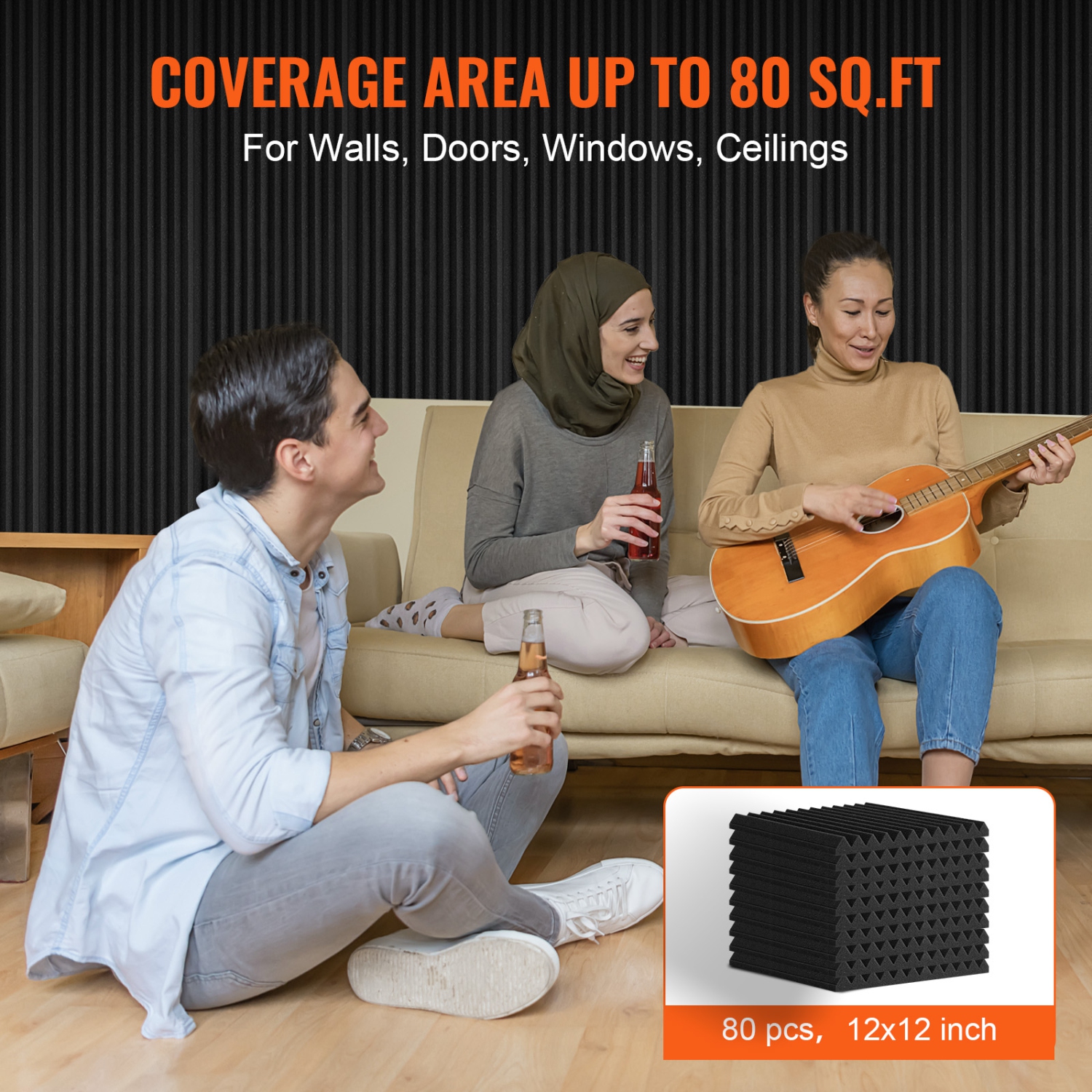 Paquet de 80 panneaux en mousse acoustique VEVOR, 12 x 12 x 1&nbsp;po, insonorisant haute densité, panneaux acoustiques ignifuges, panneaux