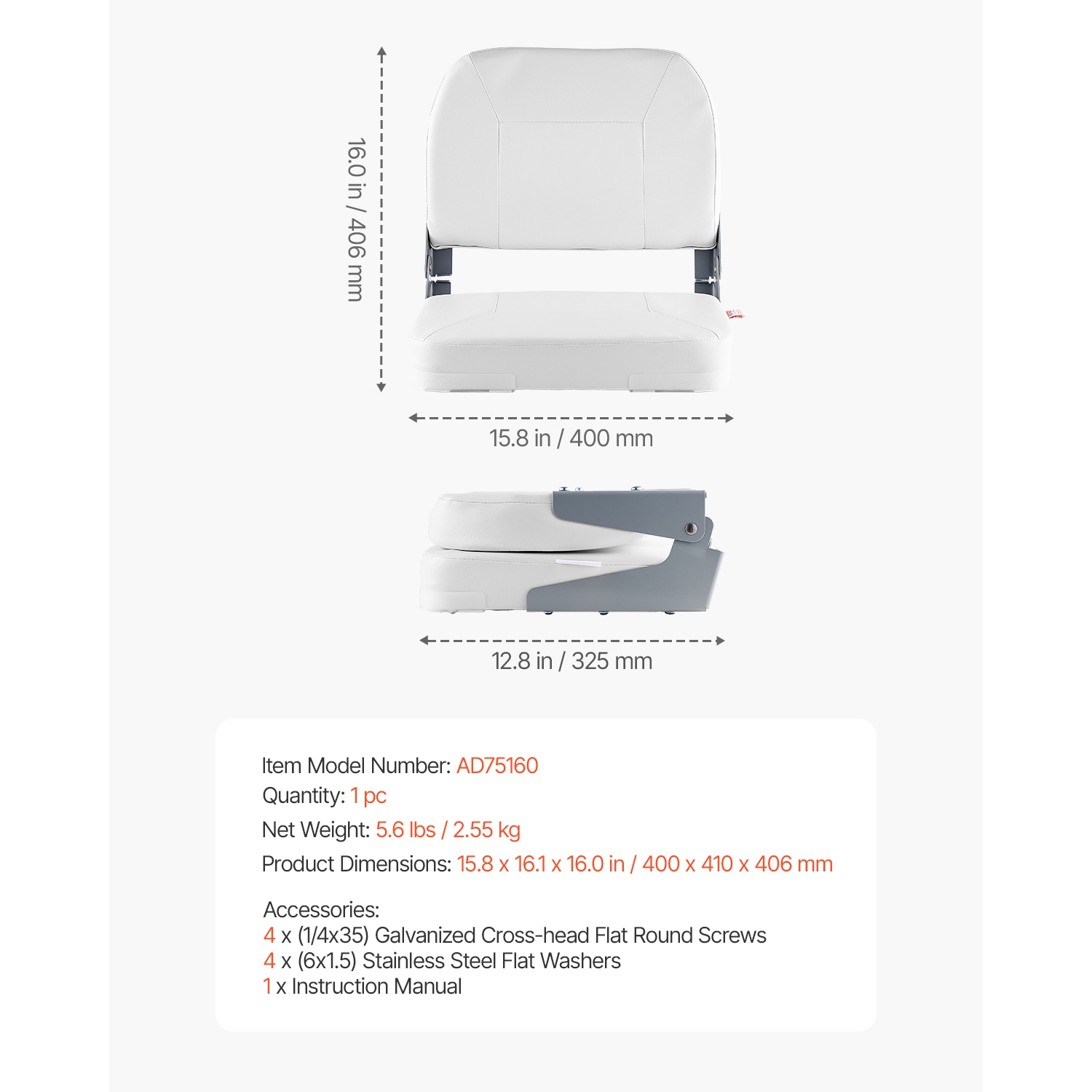 VEVOR Boat Seat, Low Backrest, Folding Fishing Boat Seat with Thickened Sponge Cushion & Waterproof PVC Leather, Aluminum Alloy Hinges, Flip Up Boat