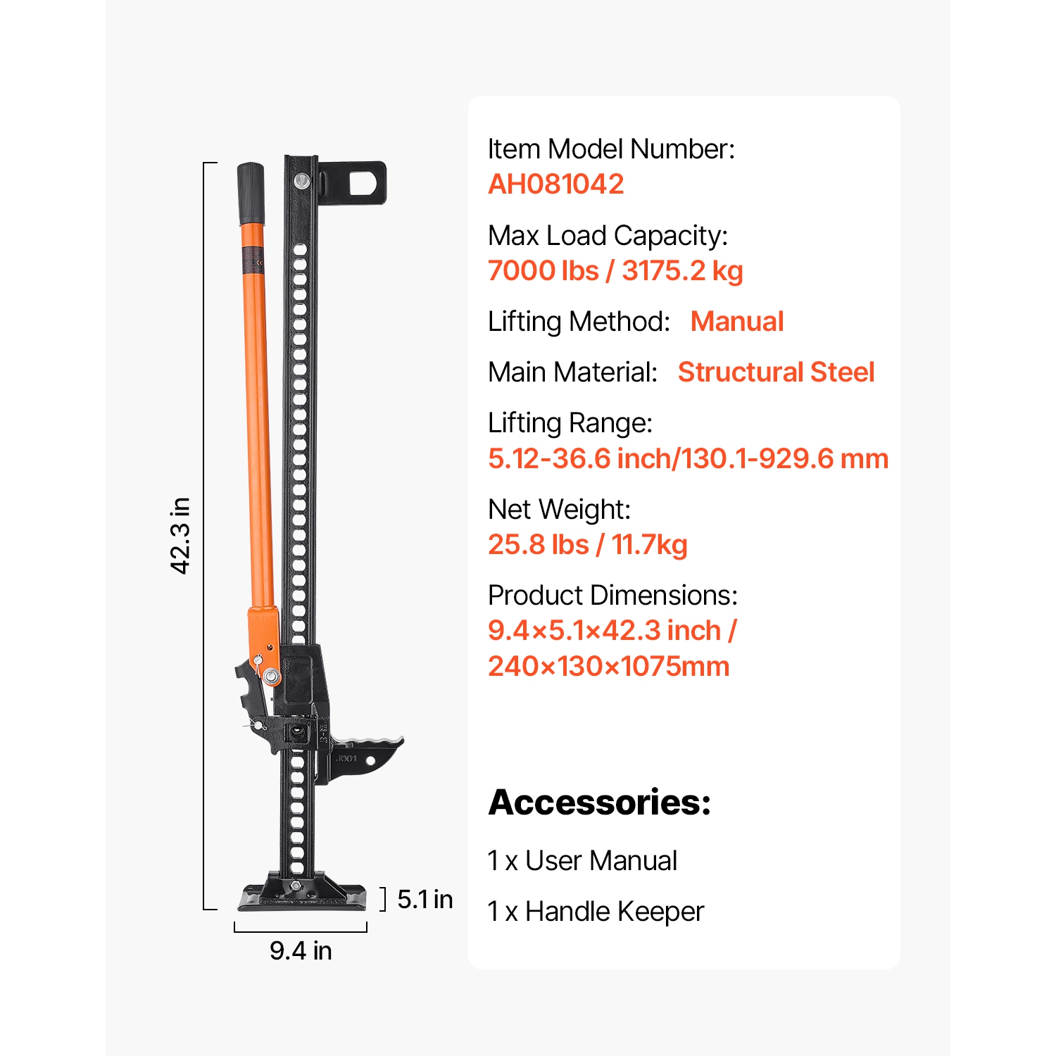 VEVOR 42" Farm Jack,Utility High Lift Farm Jack, 3.18 Ton Capacity Ratcheting Off Road Utility Jacks, Heavy-Duty Lift Jacks with 5.12"-36.6" Lifting