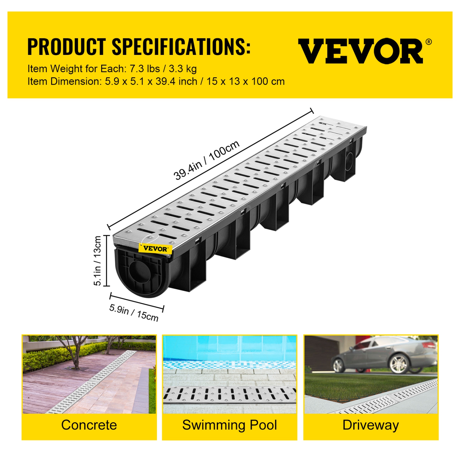 VEVOR 5.9x5.1 in Trench Drain System, with Metal Grate, HDPE Drainage Trench, Black Garage Floor Drain, 3x39 Trench Drain Grate, with 3 End Caps, for