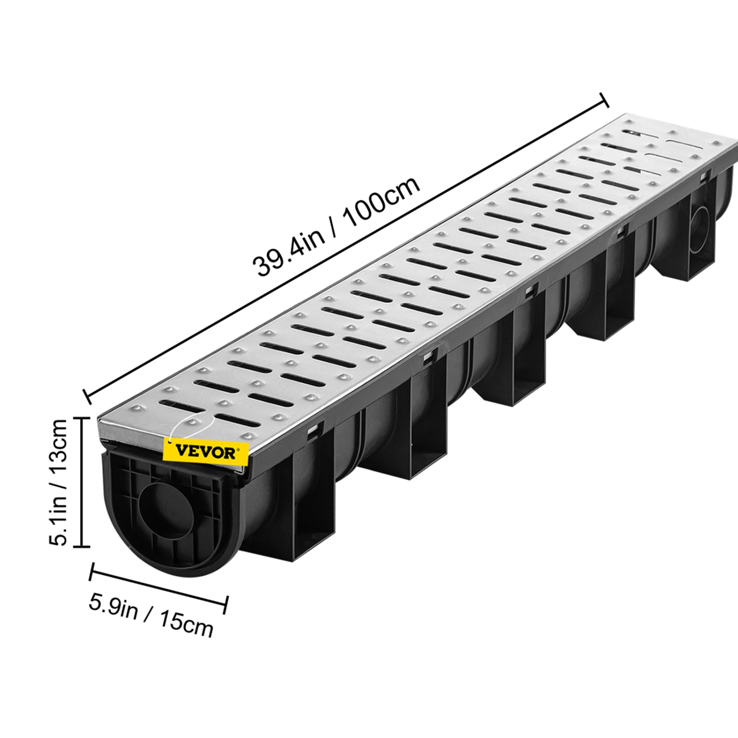 VEVOR 5.9x5.1 in Trench Drain System, with Metal Grate, HDPE Drainage Trench, Black Garage Floor Drain, 3x39 Trench Drain Grate, with 3 End Caps, for