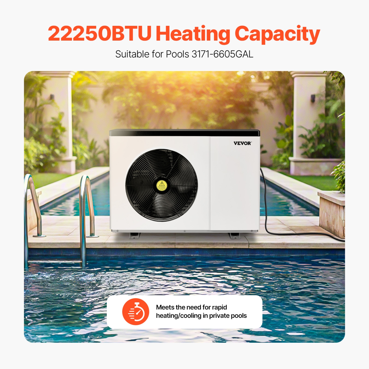 VEVOR 22250 BTU Electric Pool Heat Pump, Heaters for 3171-6605GAL in/above-Ground Pools, Low Noise, Efficient Heating/Cooling, Energy-Saving Pool