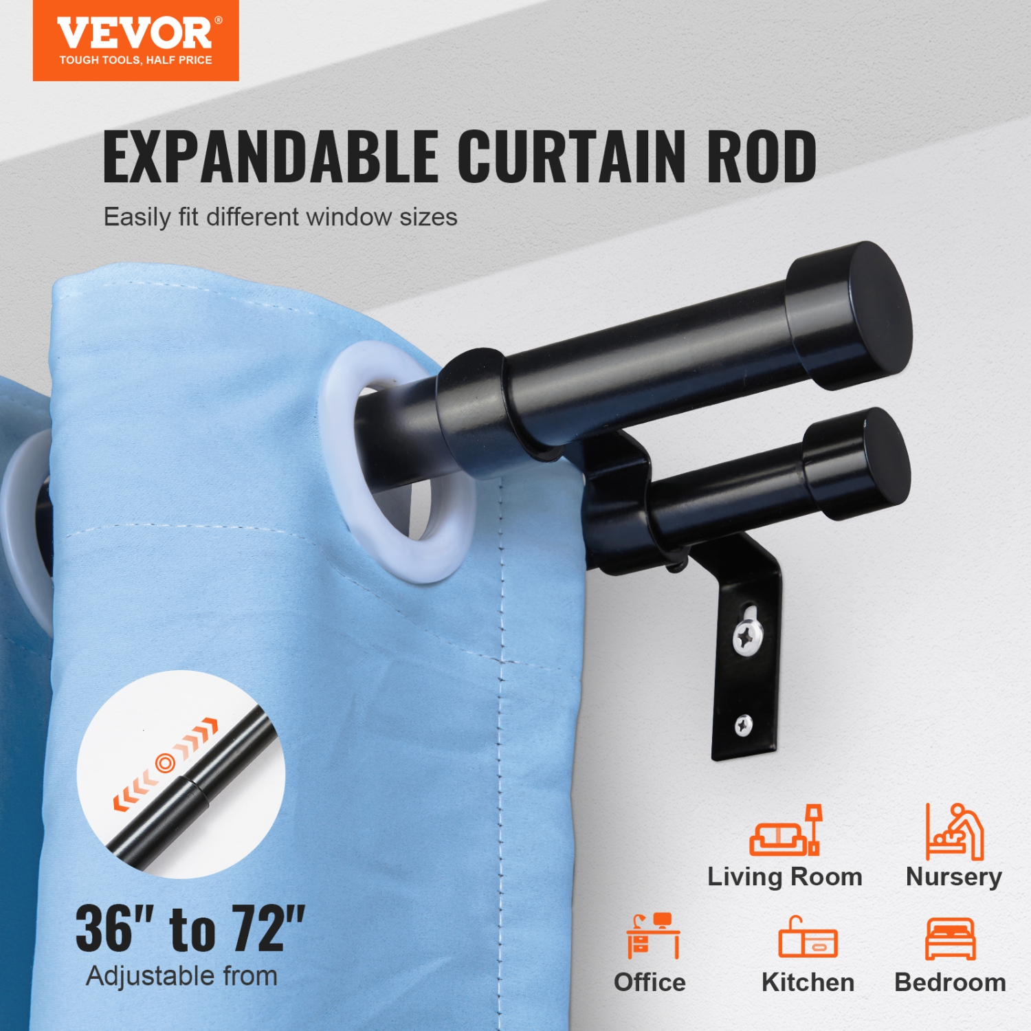 VEVOR 1 Inch Double Curtain Rods 36 to 72 Inches(3-6ft), Drapery Rods for Windows 24 to 68 Inches, Telescoping Dual Curtain Rod with Round Finials,