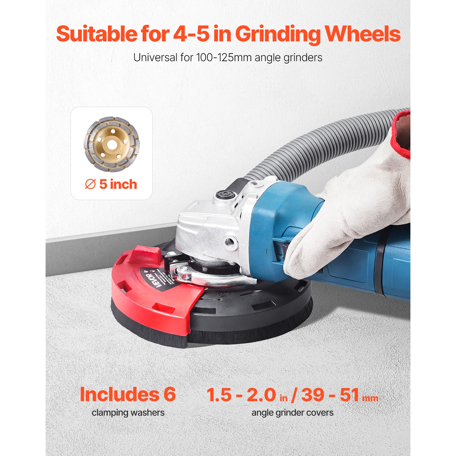 VEVOR 4-5 in Grinding Dust Shroud for Angle Grinder, Surface Grinder Dust Shroud with 6 Clamping Washers & 5 in Diamond Grinding Cup Wheel, Connect