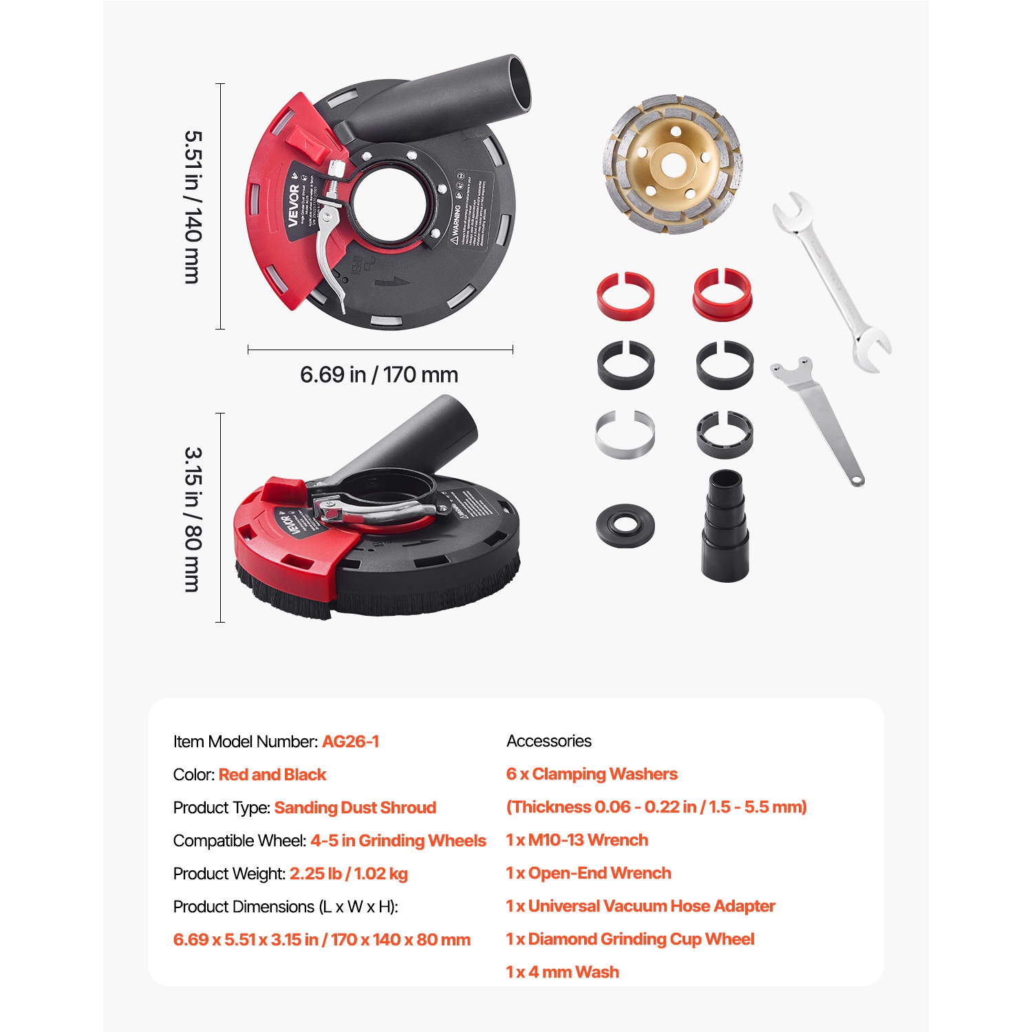 VEVOR 4-5 in Grinding Dust Shroud for Angle Grinder, Surface Grinder Dust Shroud with 6 Clamping Washers & 5 in Diamond Grinding Cup Wheel, Connect