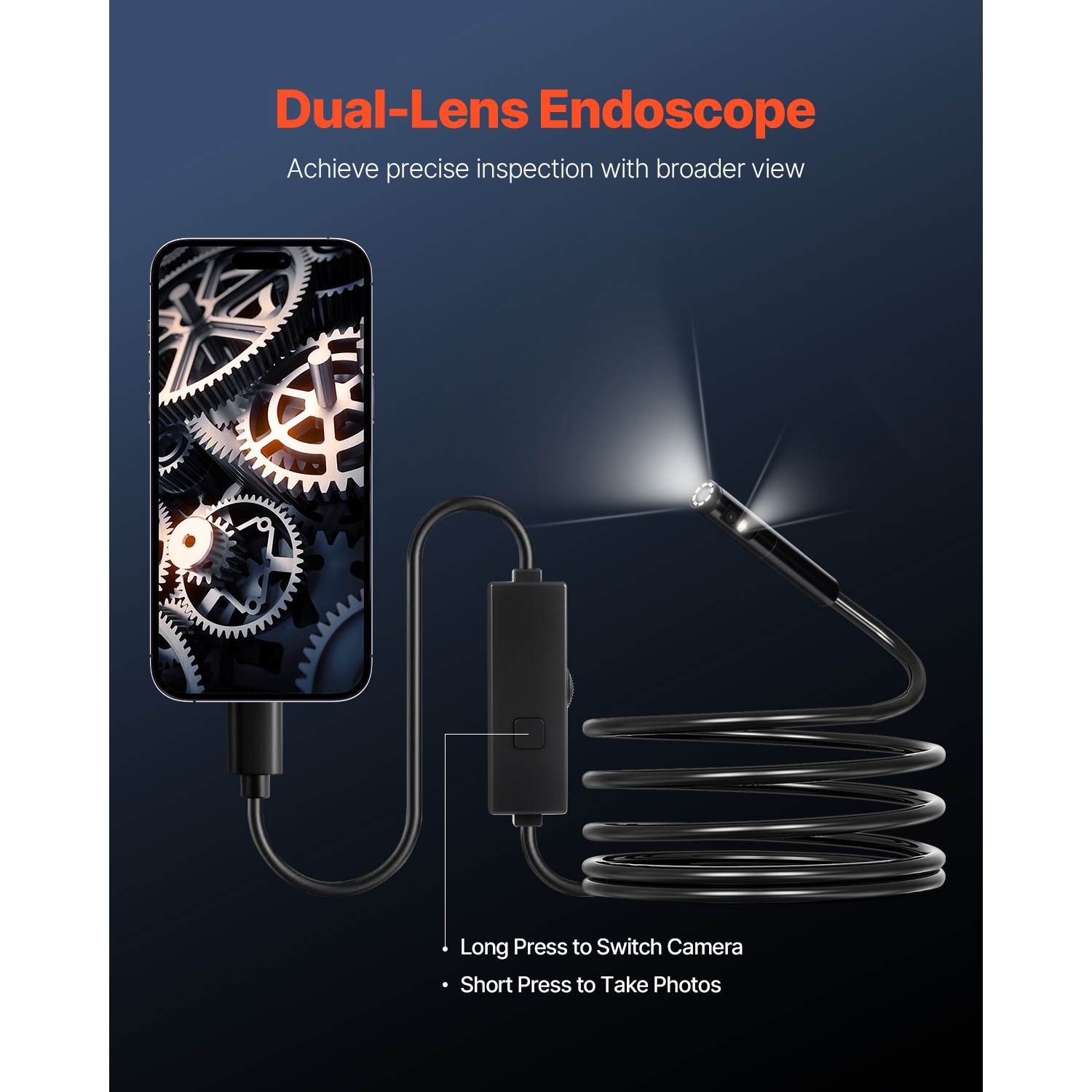 Caméra d'endoscope VEVOR 1920P HD avec lumière, lunette double lentille pour Android & iOS, caméra d'inspection avec 8 + 1 lumières LED, zoom 2X,