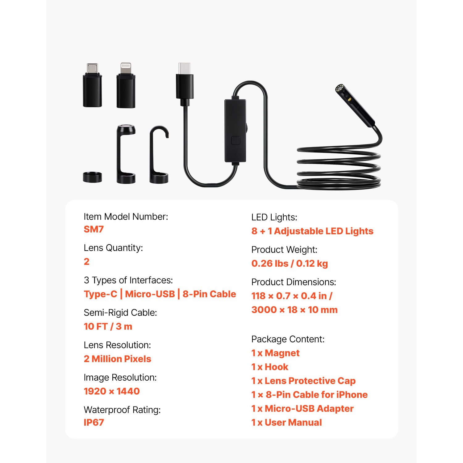 Caméra d'endoscope VEVOR 1920P HD avec lumière, lunette double lentille pour Android & iOS, caméra d'inspection avec 8 + 1 lumières LED, zoom 2X,