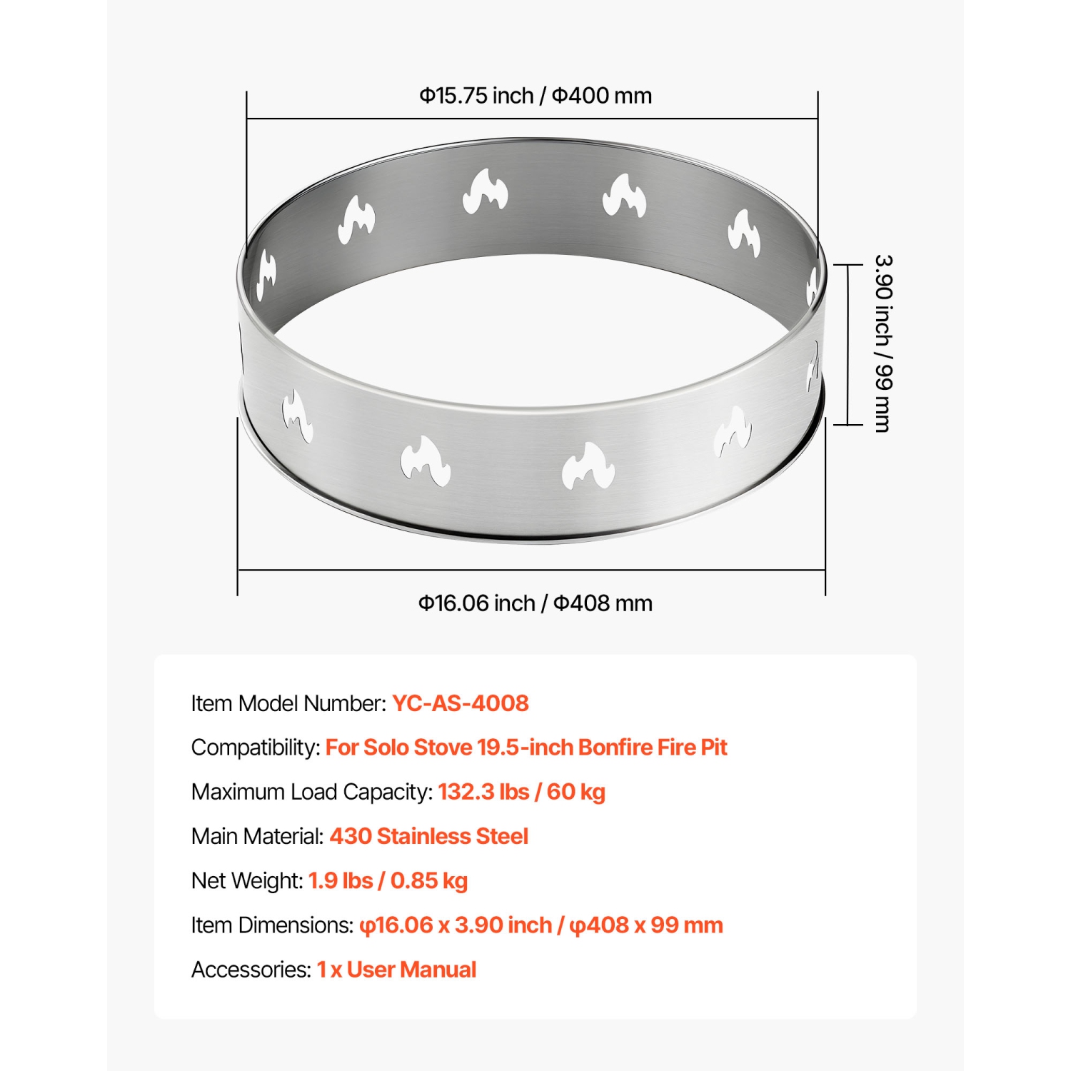VEVOR 19.5 Inch Fire Pit Stand for Solo Stove Bonfire, Smokeless Fire Pit Ring,Stainless Steel Fireplace Stove Ranger Support Frame Accessory,
