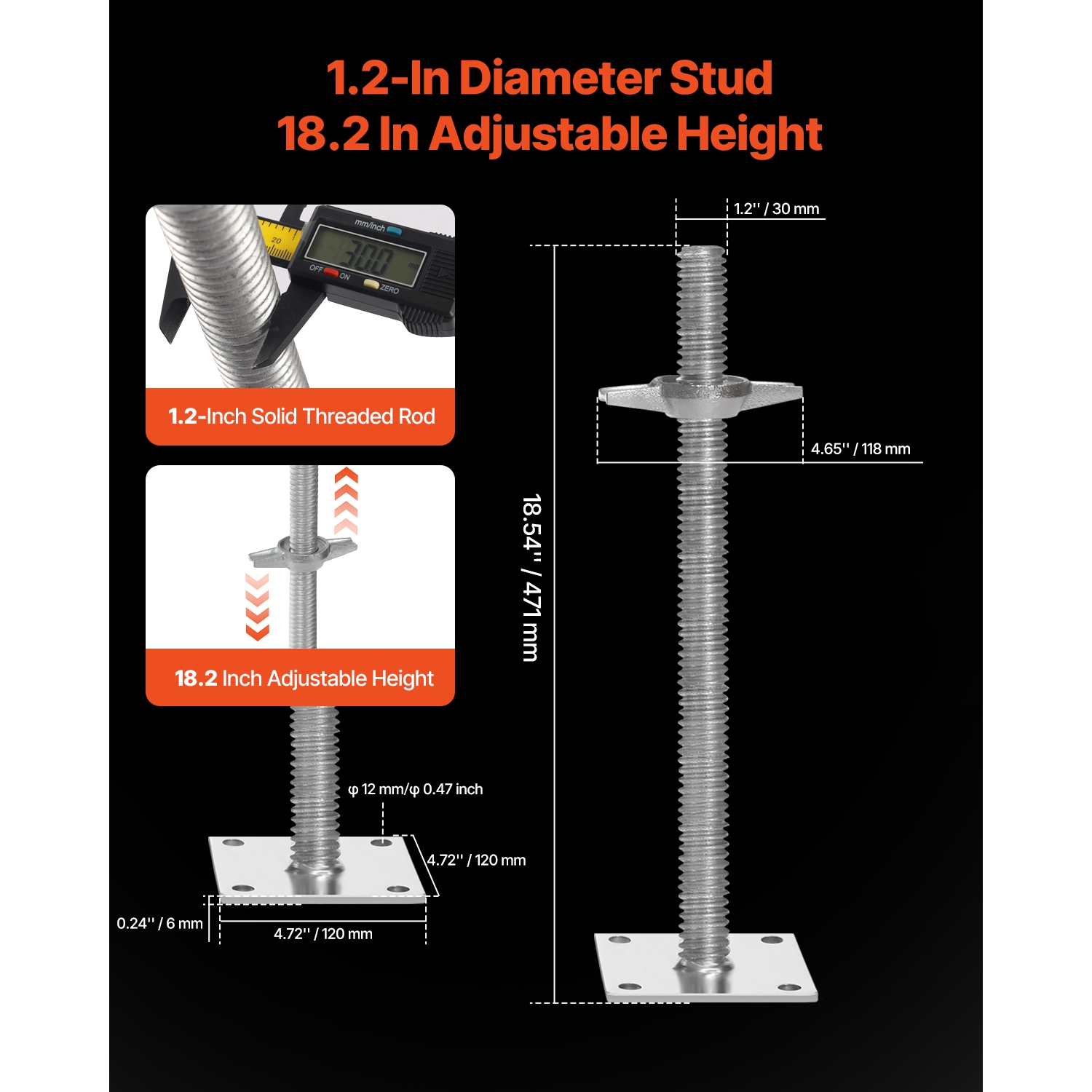 VEVOR 4-Pack Adjustable Leveling Jacks, 18.2 In Height & 3307lbs/1500kg Load Capacity Scaffold Jacks Feet, Solid Carbon Steel for Baker-Style