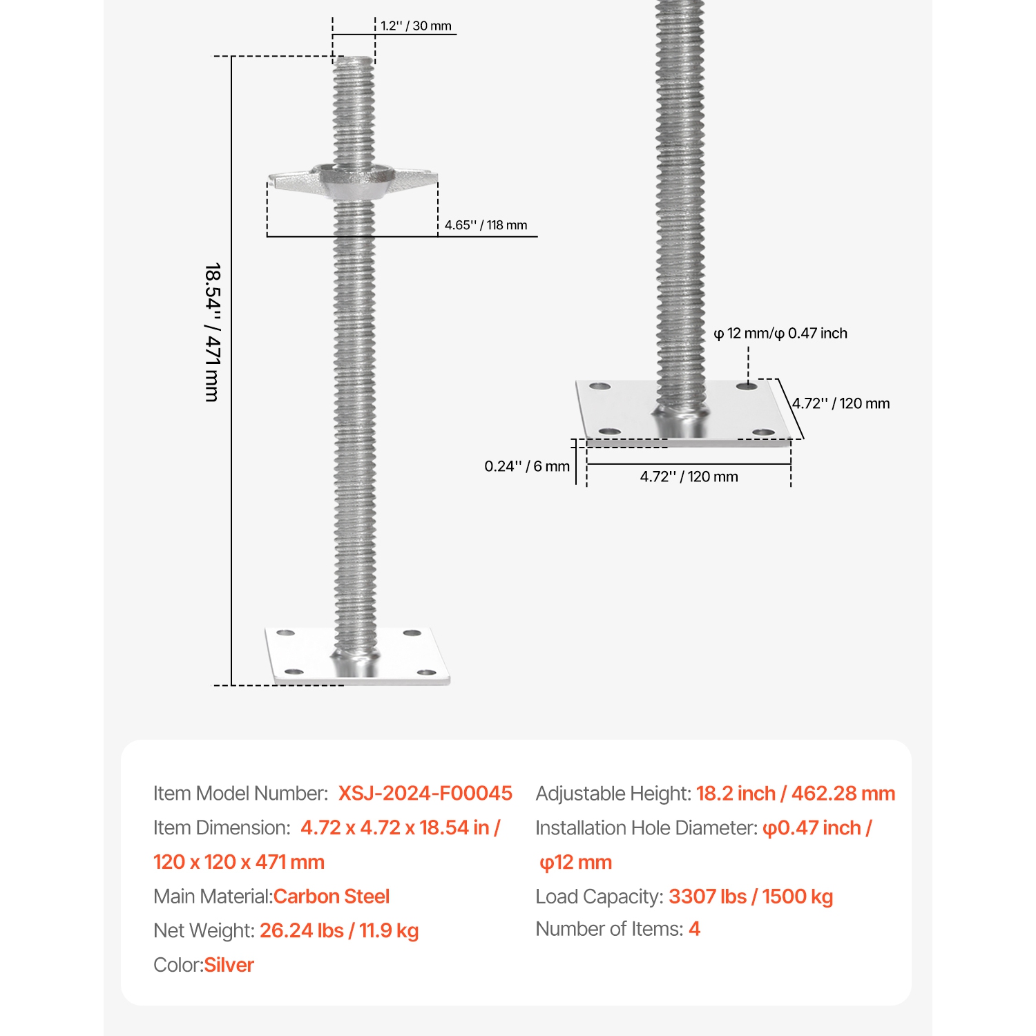 VEVOR 4-Pack Adjustable Leveling Jacks, 18.2 In Height & 3307lbs/1500kg Load Capacity Scaffold Jacks Feet, Solid Carbon Steel for Baker-Style