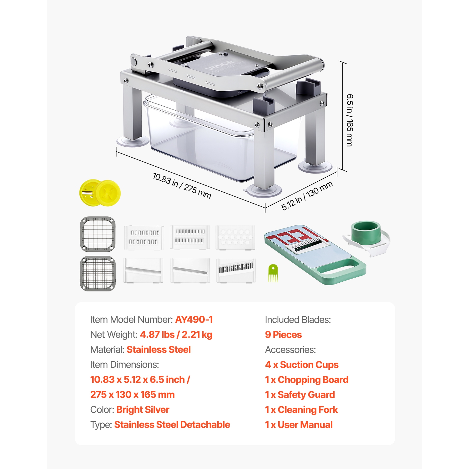 VEVOR Vegetable Chopper Mandoline Slicer, All-in-1 Food Cutter w/9 Stainless Steel Blades, Cheese Grater Onion Potato Dicer w/Container,Salad