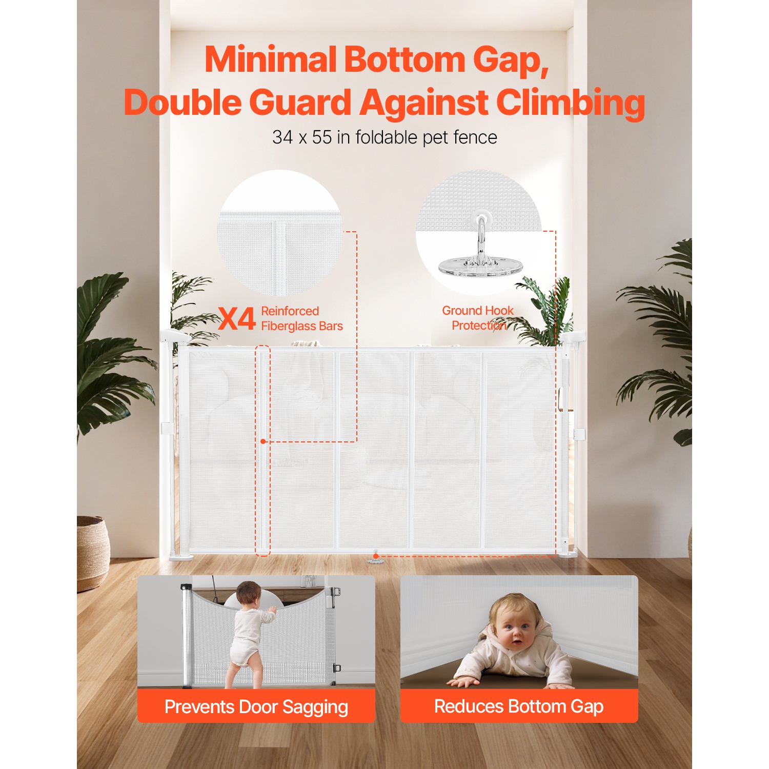 VEVOR 34 inch Tall Retractable Baby Gate, Extends up to 55 inch Wide, for Kids or Pets, Mesh Material, Easy to Install for Indoor Stairs, Doorways,