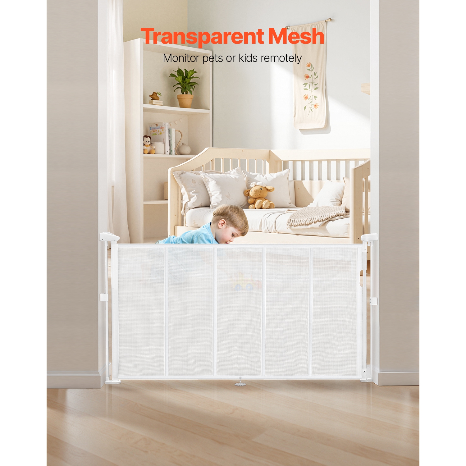 VEVOR 34 inch Tall Retractable Baby Gate, Extends up to 55 inch Wide, for Kids or Pets, Mesh Material, Easy to Install for Indoor Stairs, Doorways,