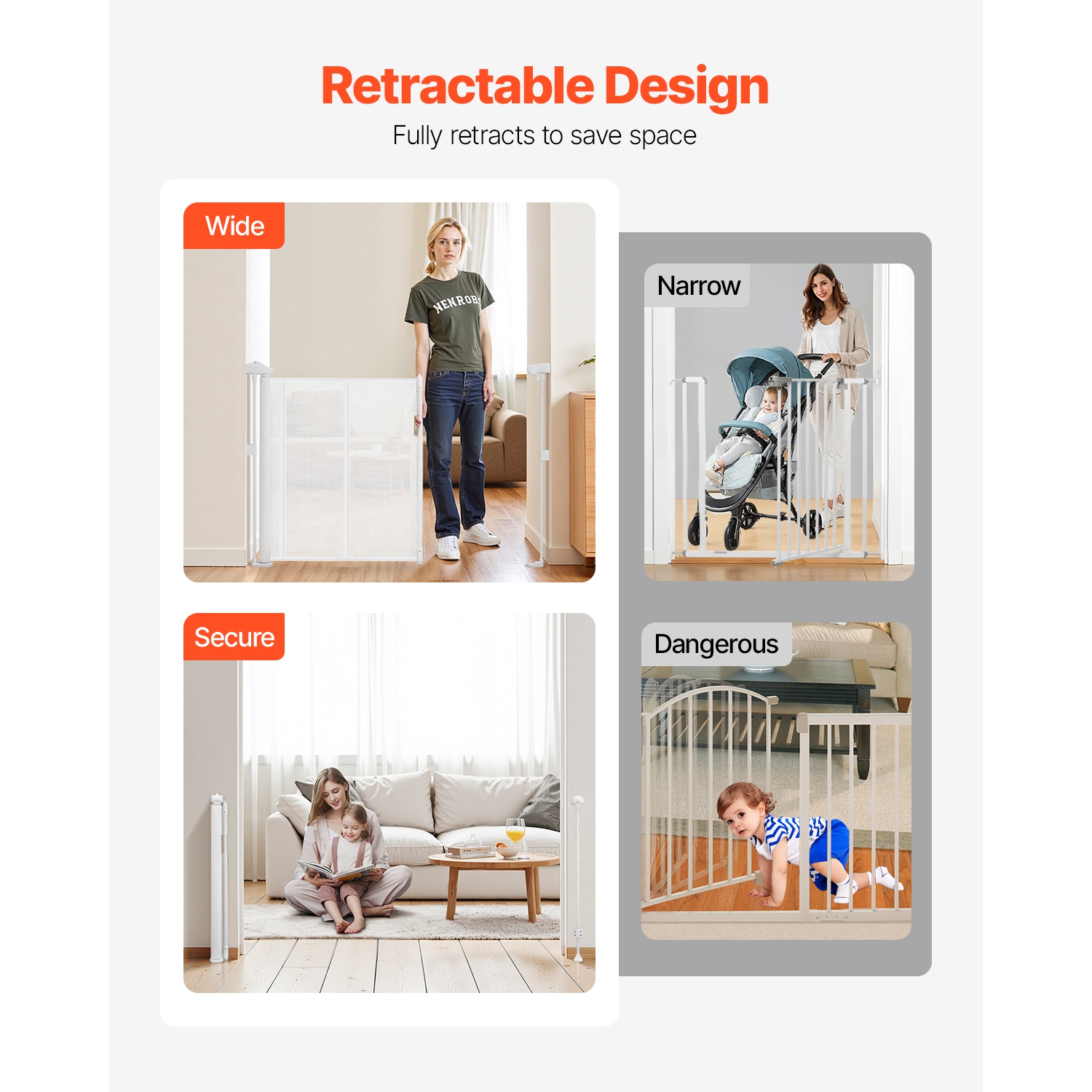 VEVOR 34 inch Tall Retractable Baby Gate, Extends up to 55 inch Wide, for Kids or Pets, Mesh Material, Easy to Install for Indoor Stairs, Doorways,