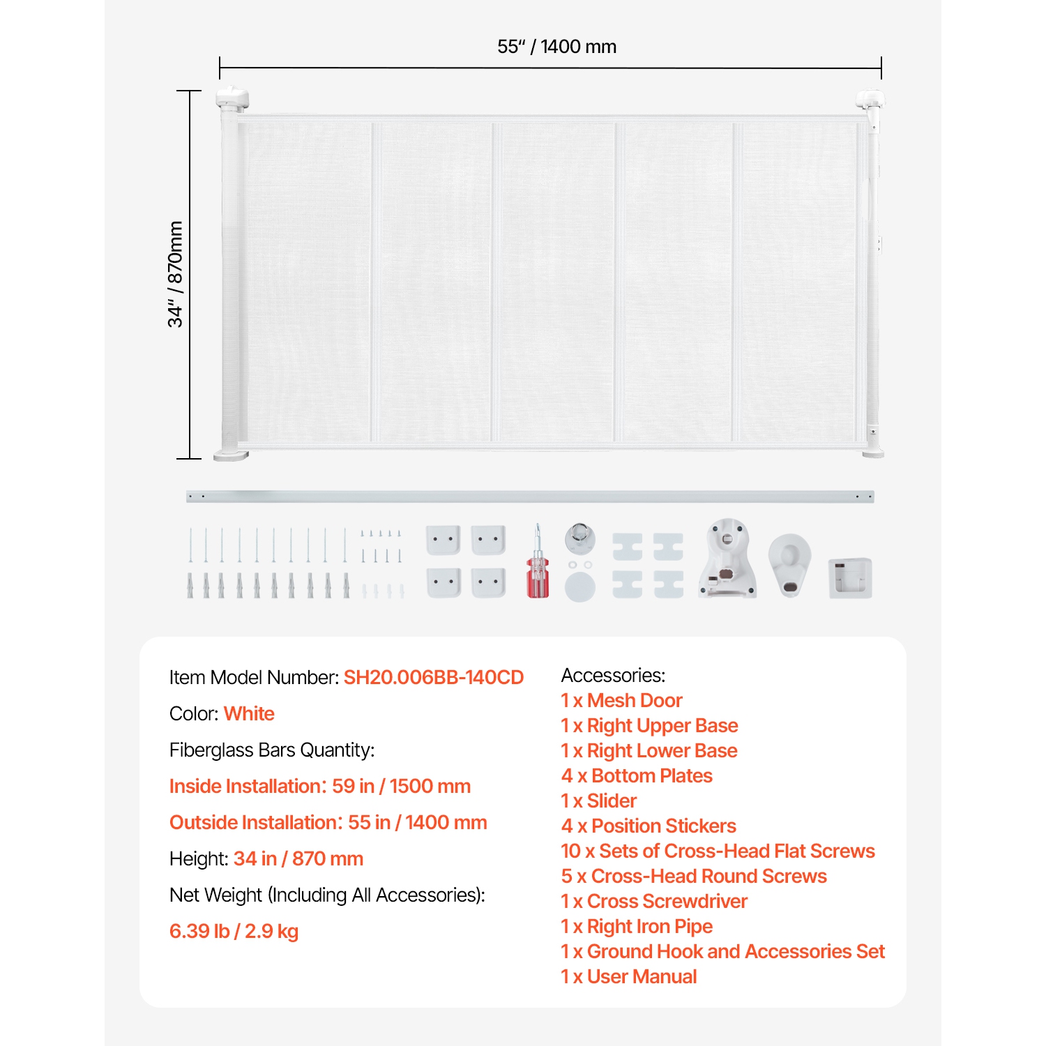 VEVOR 34 inch Tall Retractable Baby Gate, Extends up to 55 inch Wide, for Kids or Pets, Mesh Material, Easy to Install for Indoor Stairs, Doorways,