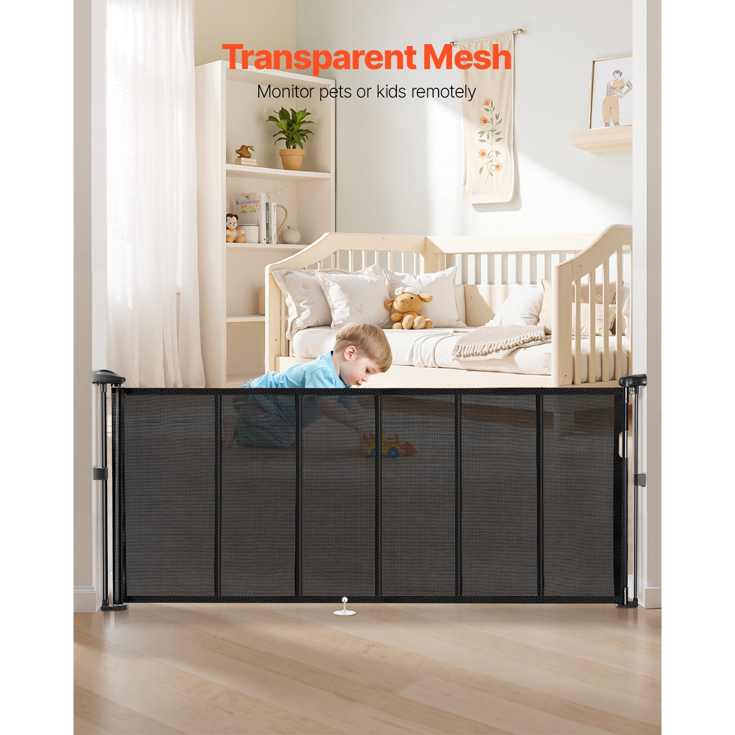 VEVOR 34 inch Tall Retractable Baby Gate, Extends up to 71 inch Wide, for Kids or Pets, Mesh Material, Easy to Install for Indoor Stairs, Doorways,
