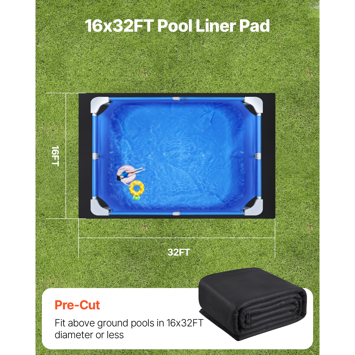 VEVOR 16 x 32 ft Rectangle Pool Liner Pad, Pool Liner Pad for Above Ground Swimming Pools, Extra-Thick Pool Mat, Prevents Punctures, Recycled
