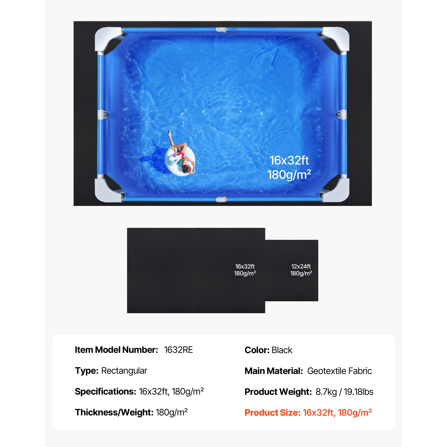 VEVOR 16 x 32 ft Rectangle Pool Liner Pad, Pool Liner Pad for Above Ground Swimming Pools, Extra-Thick Pool Mat, Prevents Punctures, Recycled