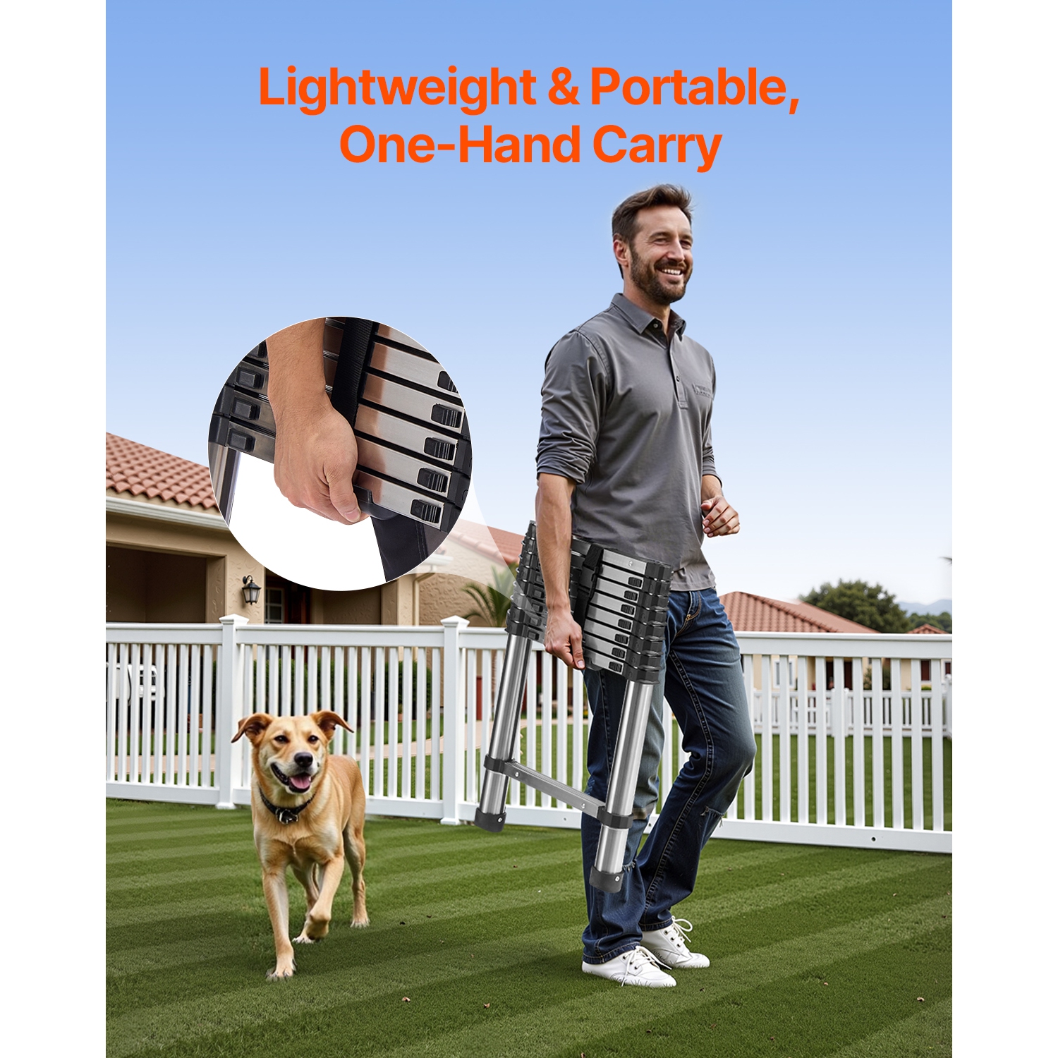 Escabeau télescopique léger VEVOR 8.5&nbsp;pi, acier inoxydable, escamotable à boutons multiples, capacité de 330 lb et pieds antidérapants, échelles