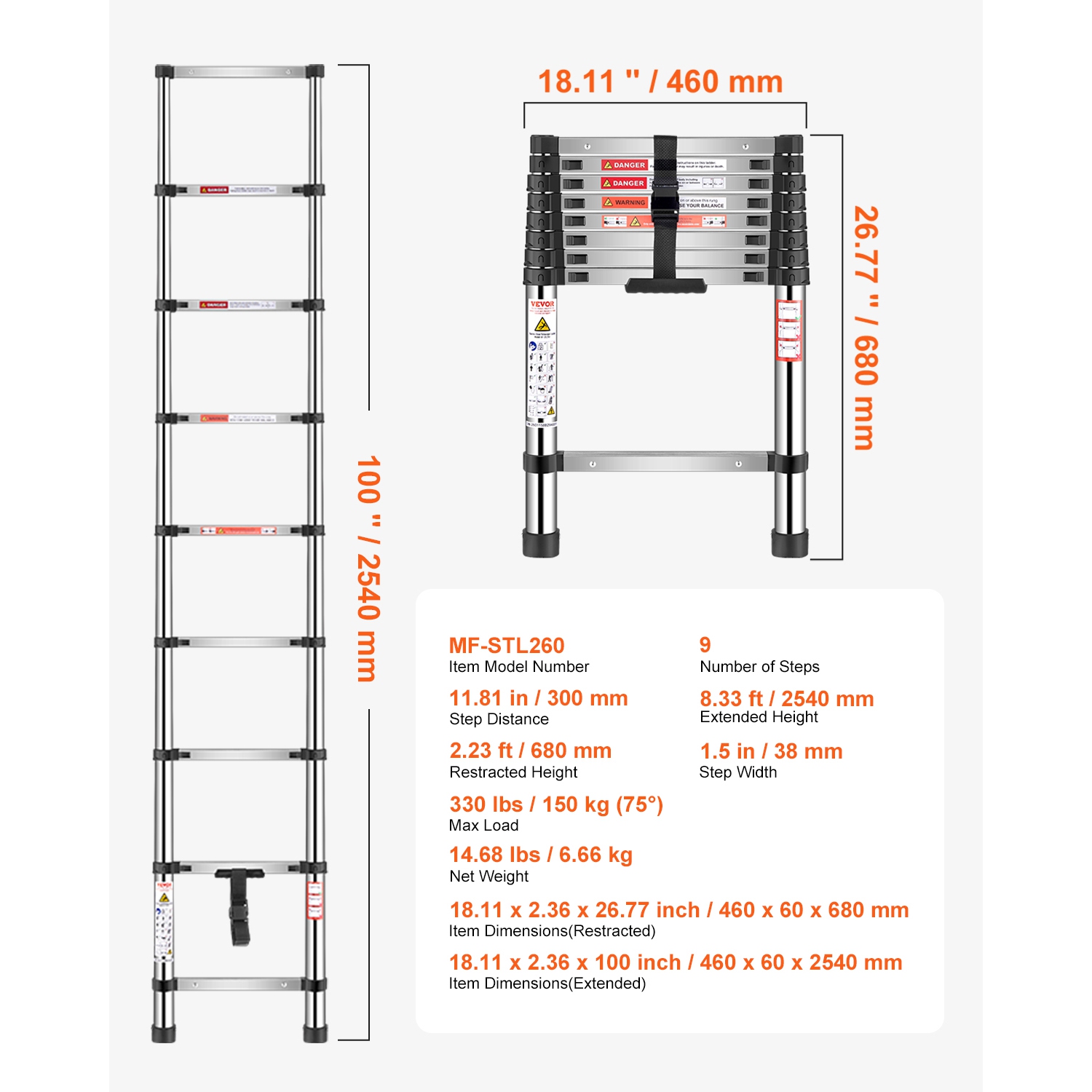 Escabeau télescopique léger VEVOR 8.5&nbsp;pi, acier inoxydable, escamotable à boutons multiples, capacité de 330 lb et pieds antidérapants, échelles