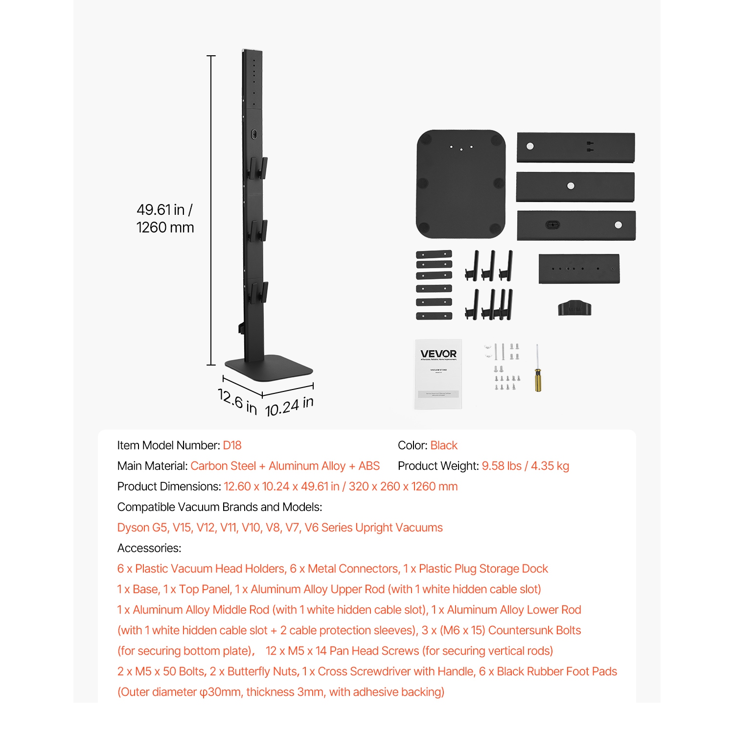 VEVOR Vacuum Stand, fit Dyson G5 V15 V12 V11 V10 V8 V7 V6 Series Upright Vacuums Cleaners & Accessories, Stable Vacuum Stand Holder with 6 Hooks and