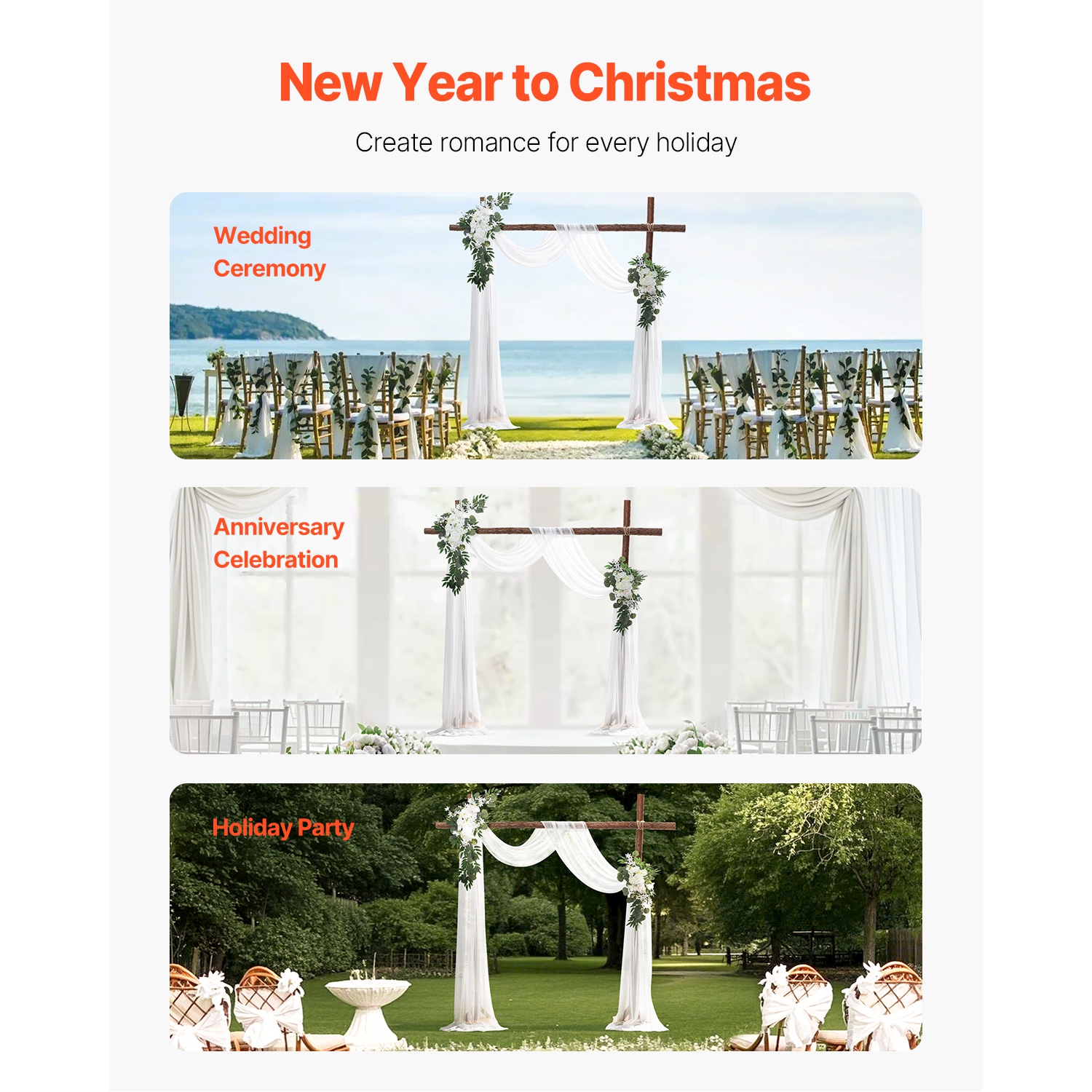 VEVOR 3 Packs Artificial Wedding Arch Flowers Kit, with Drapes Kit- 2 Pcs Floral Arrangement, 1 Pcs Sheer Drapes, for Ceremony Bouquets Reception