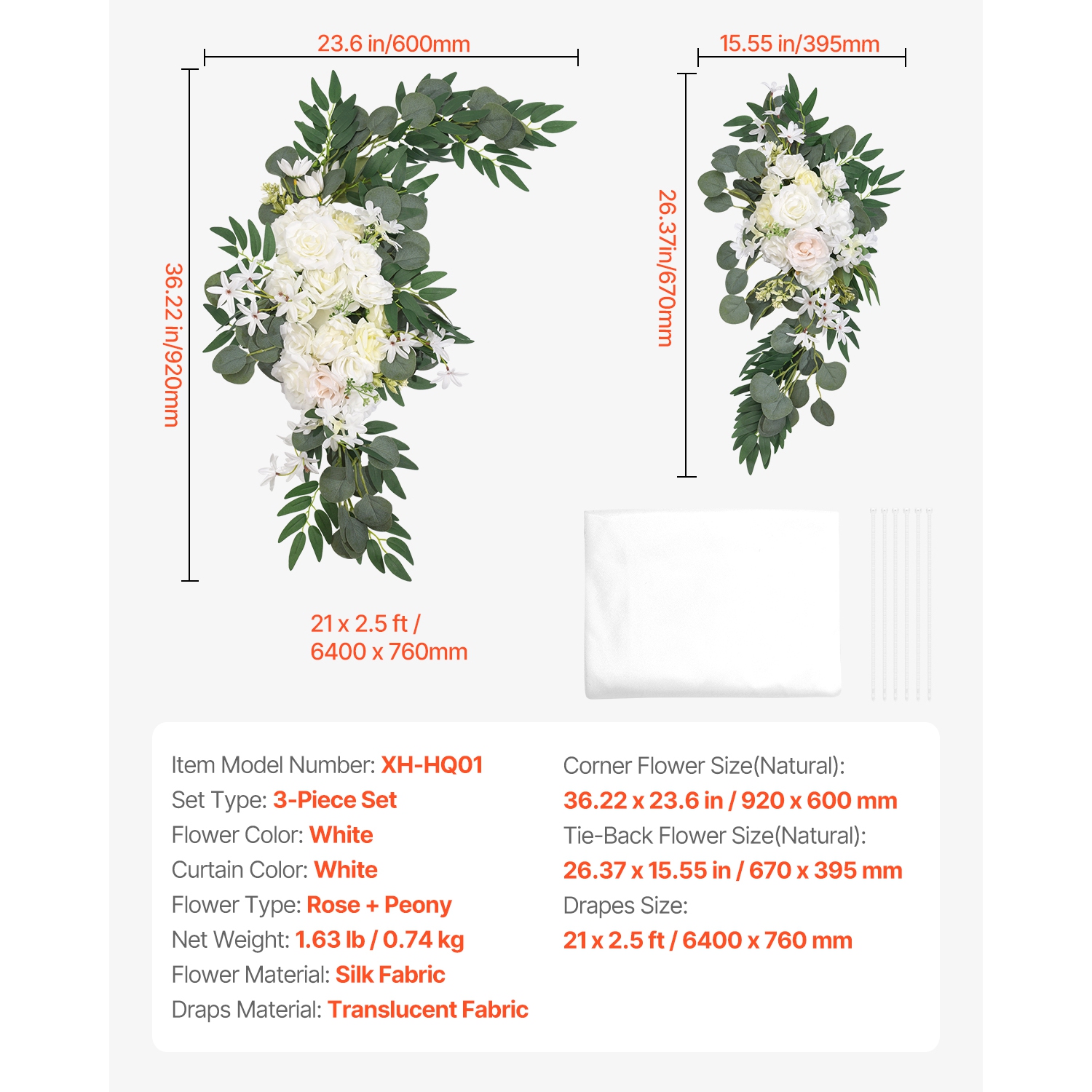 VEVOR 3 Packs Artificial Wedding Arch Flowers Kit, with Drapes Kit- 2 Pcs Floral Arrangement, 1 Pcs Sheer Drapes, for Ceremony Bouquets Reception