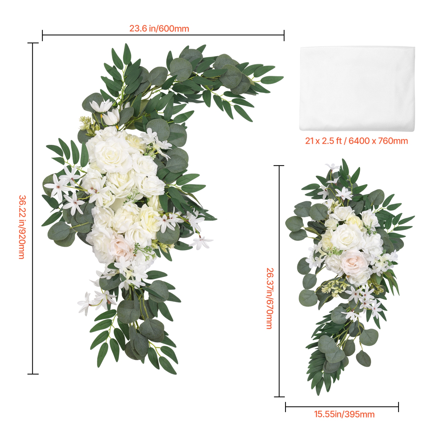 VEVOR 3 Packs Artificial Wedding Arch Flowers Kit, with Drapes Kit- 2 Pcs Floral Arrangement, 1 Pcs Sheer Drapes, for Ceremony Bouquets Reception