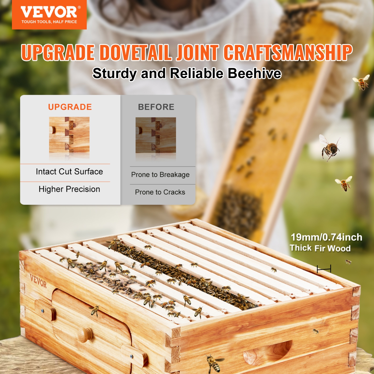 VEVOR Bee Hive Medium Box Starter Kit, 100% Beeswax Coated Natural Cedar Wood, Langstroth Beehive Kit with 10 Frames and Foundations, Transparent