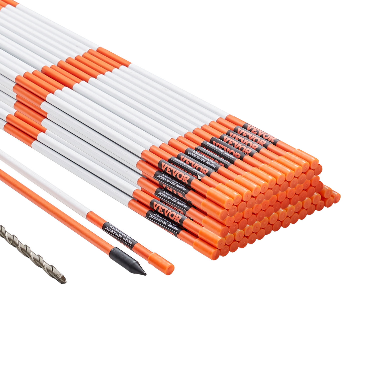 VEVOR 100PCS 48 inch Driveway Markers, 0.31 inch Diameter, Orange Fiberglass Poles Snow Stakes with Reflective Tape, 12" Steel Drill Bit & Protection